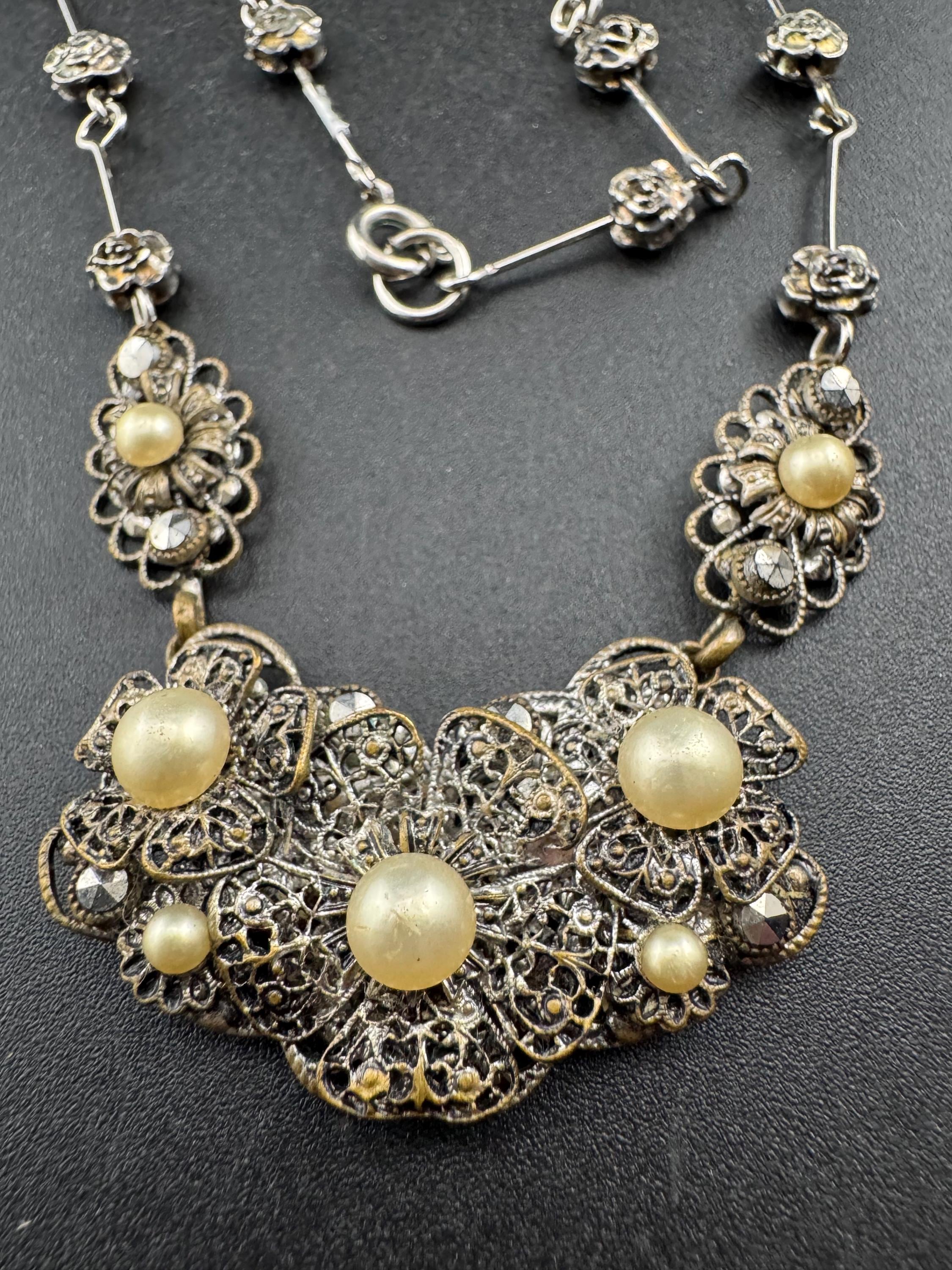 Antique czech filigree necklace with faux pearls collar length