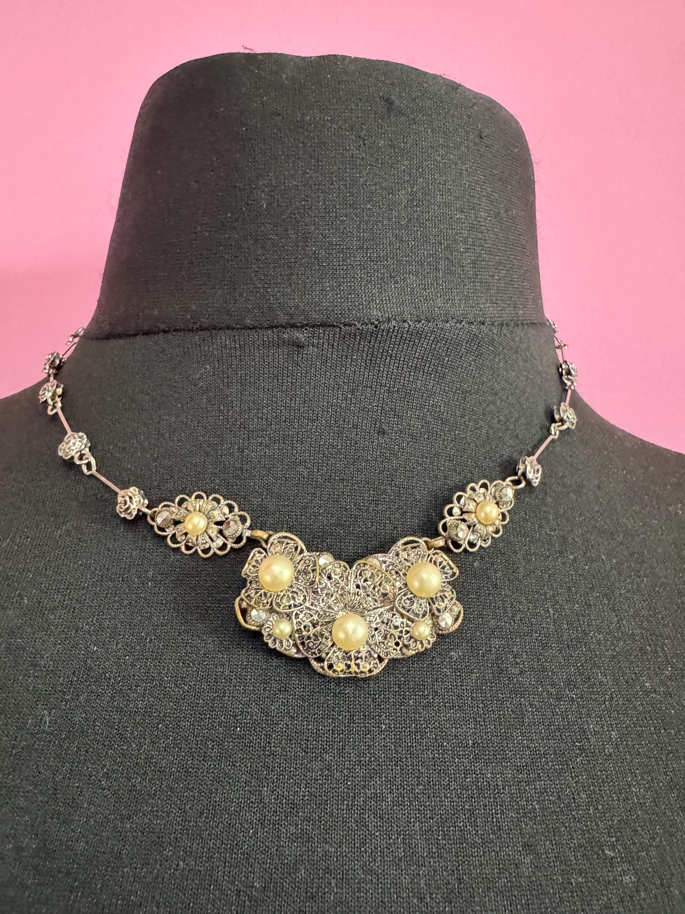 Antique czech filigree necklace with faux pearls collar length
