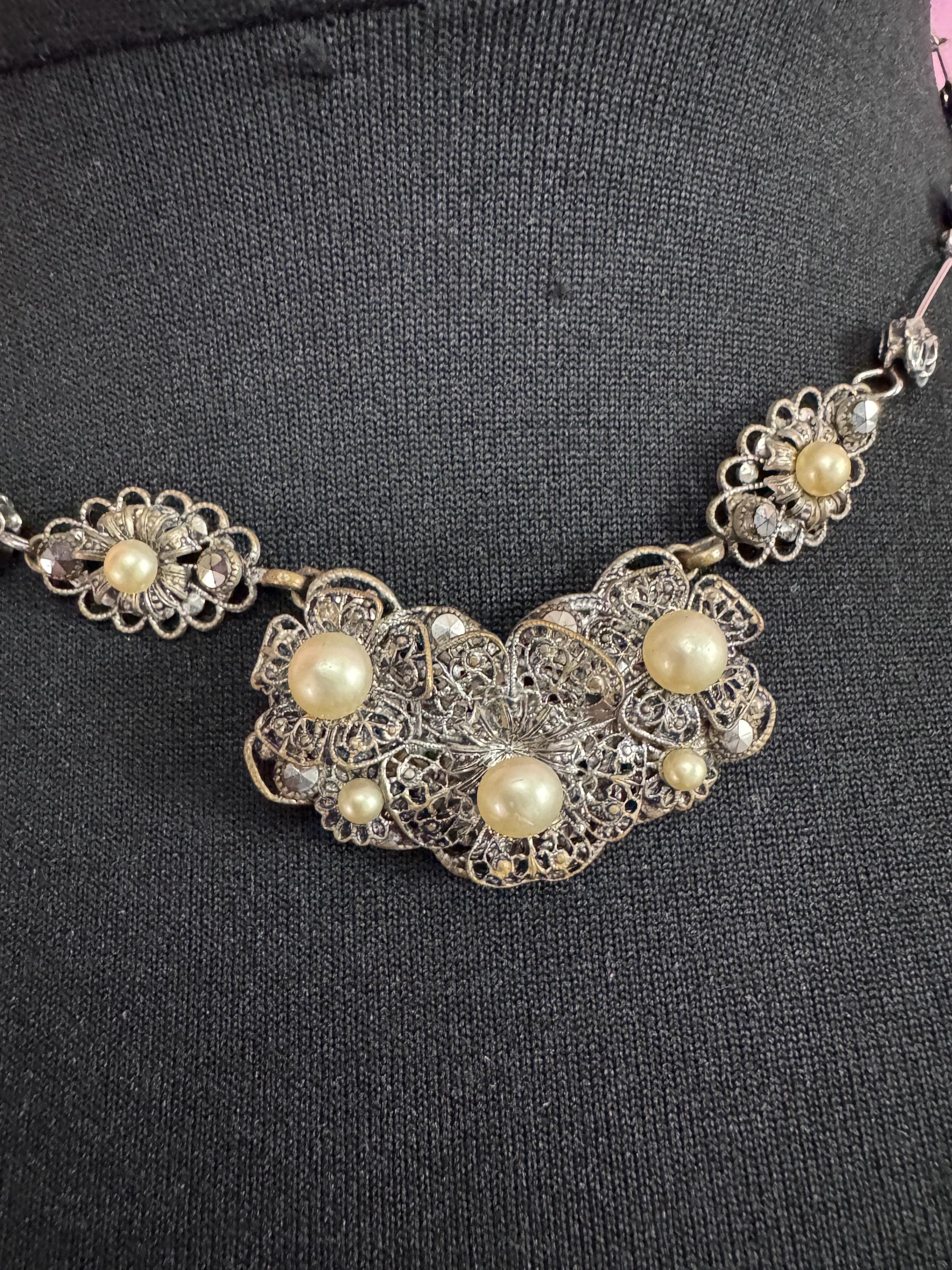 Antique czech filigree necklace with faux pearls collar length