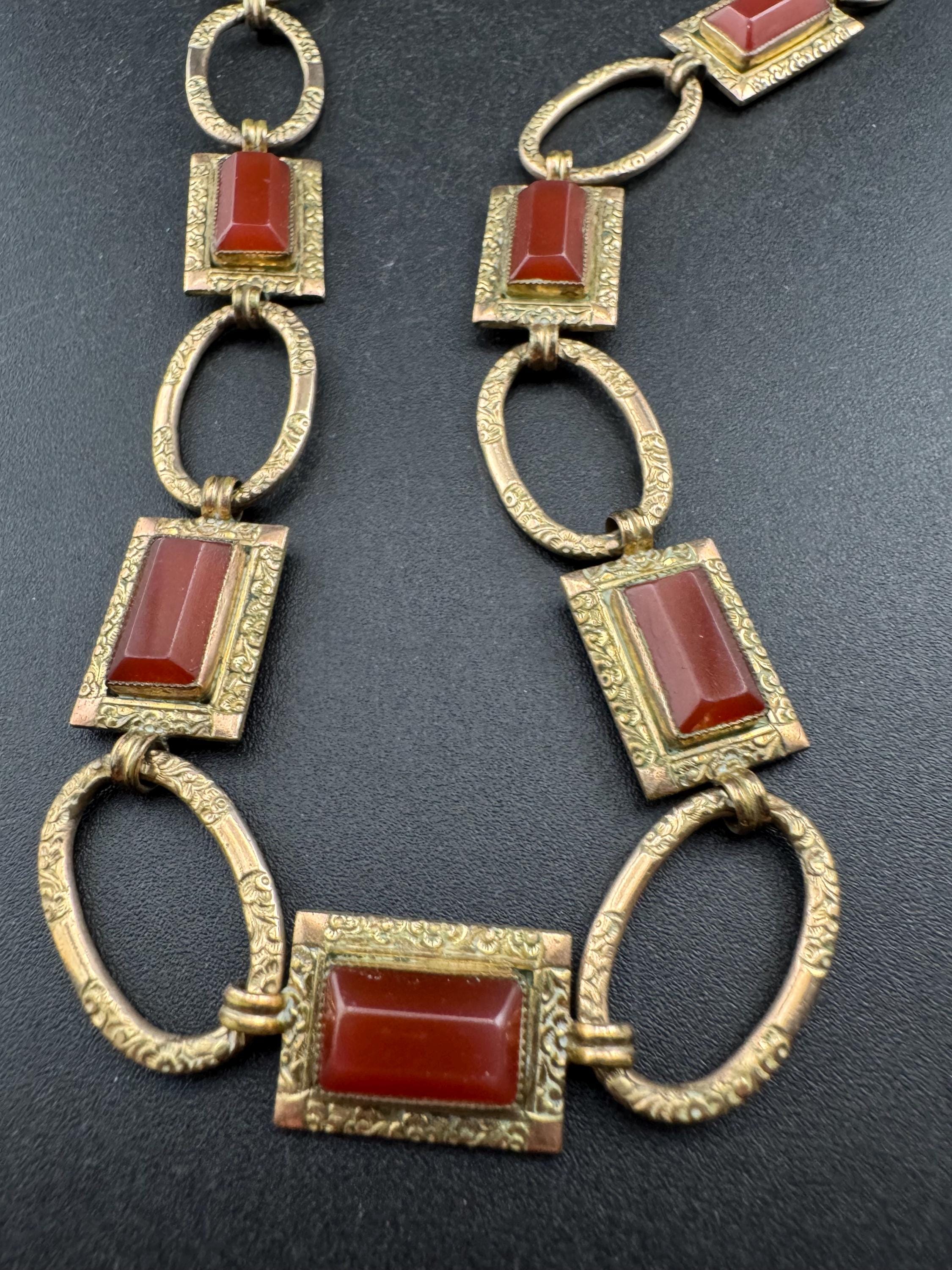 Antique Edwardian carnelian gilt metal choker necklace, petite 38cm gemstone
