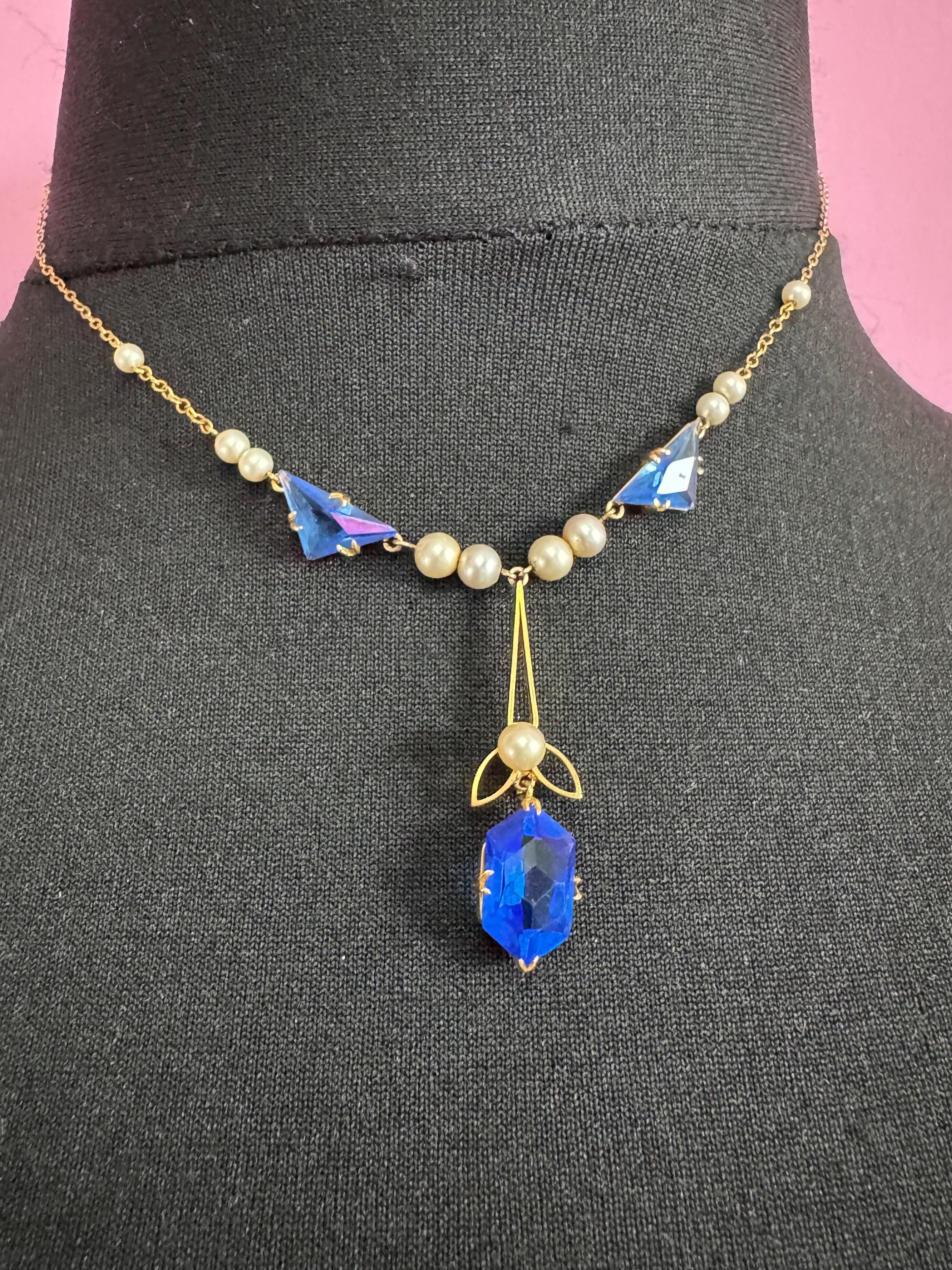 Art Deco Czech Crystal Necklace: Blue Dropper, Faux Pearls, Gilt Metal