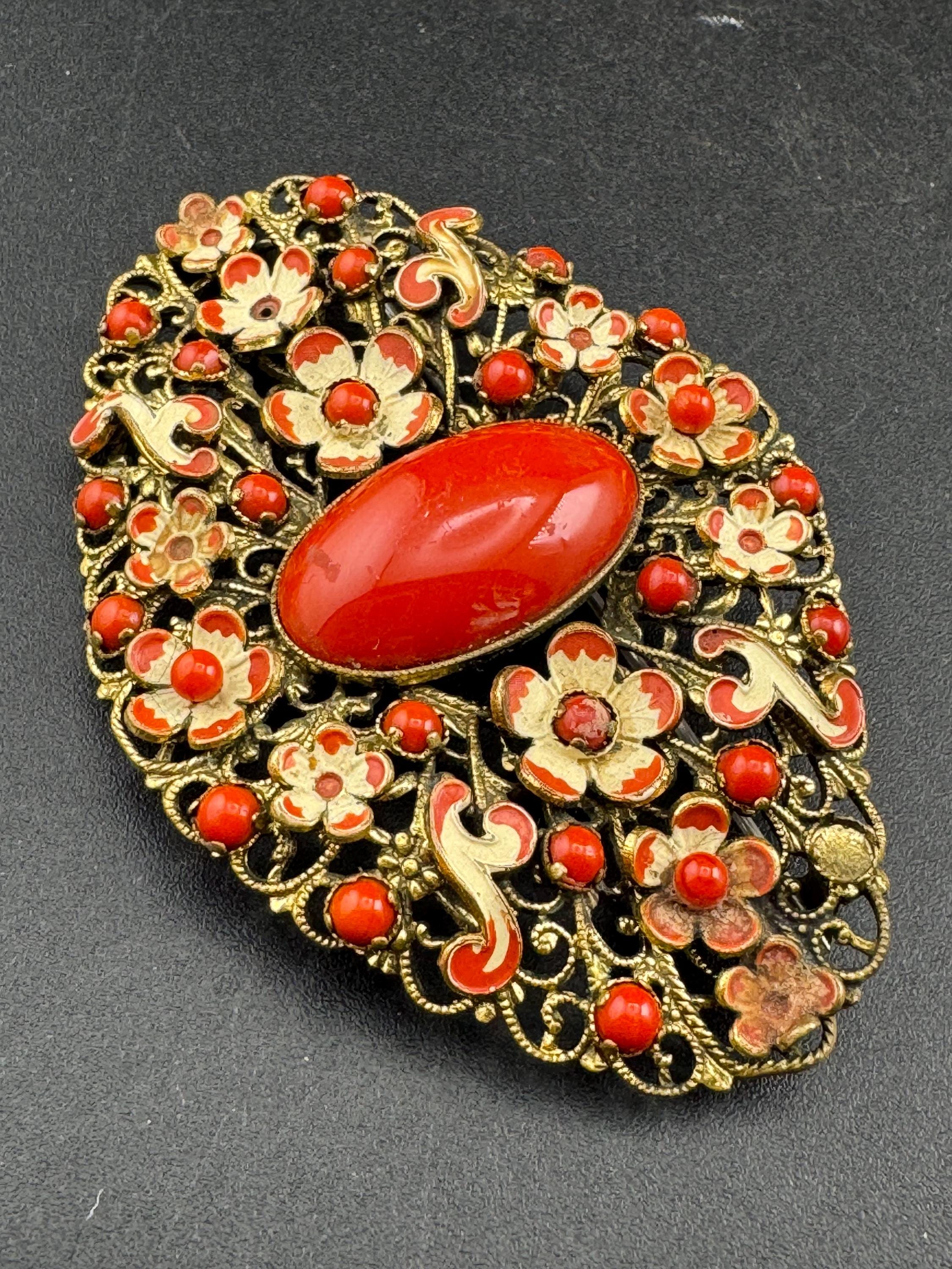 Art Deco large Czech Brooch: Brass Metal Leaf, cold painted Enamel, coral orange cabochon