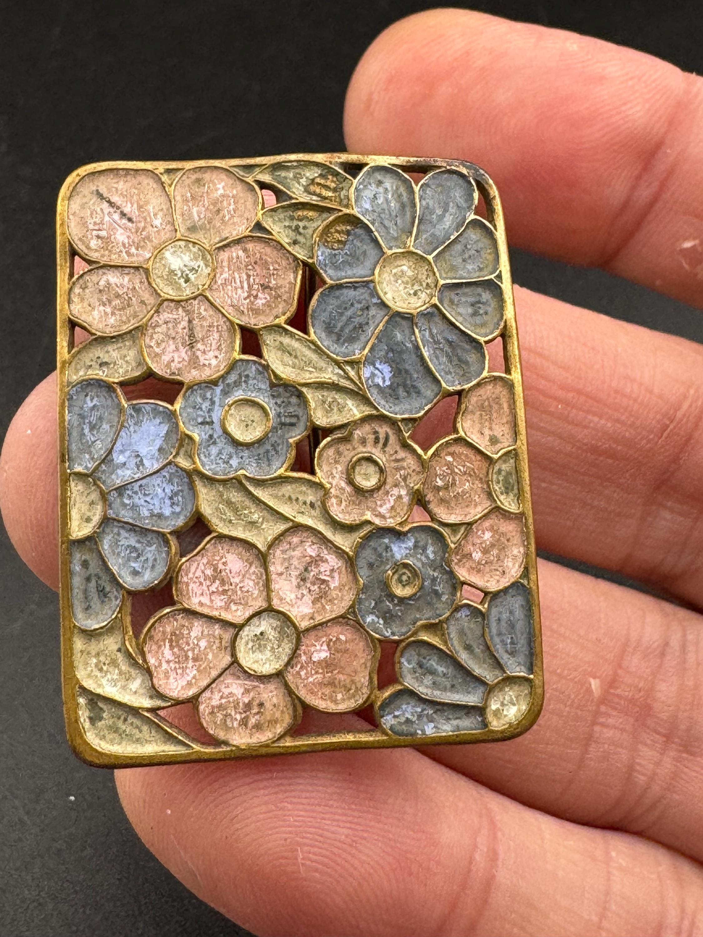 Art Deco Czech pastel Brooch: coloured Enamel Flowers blue and pink