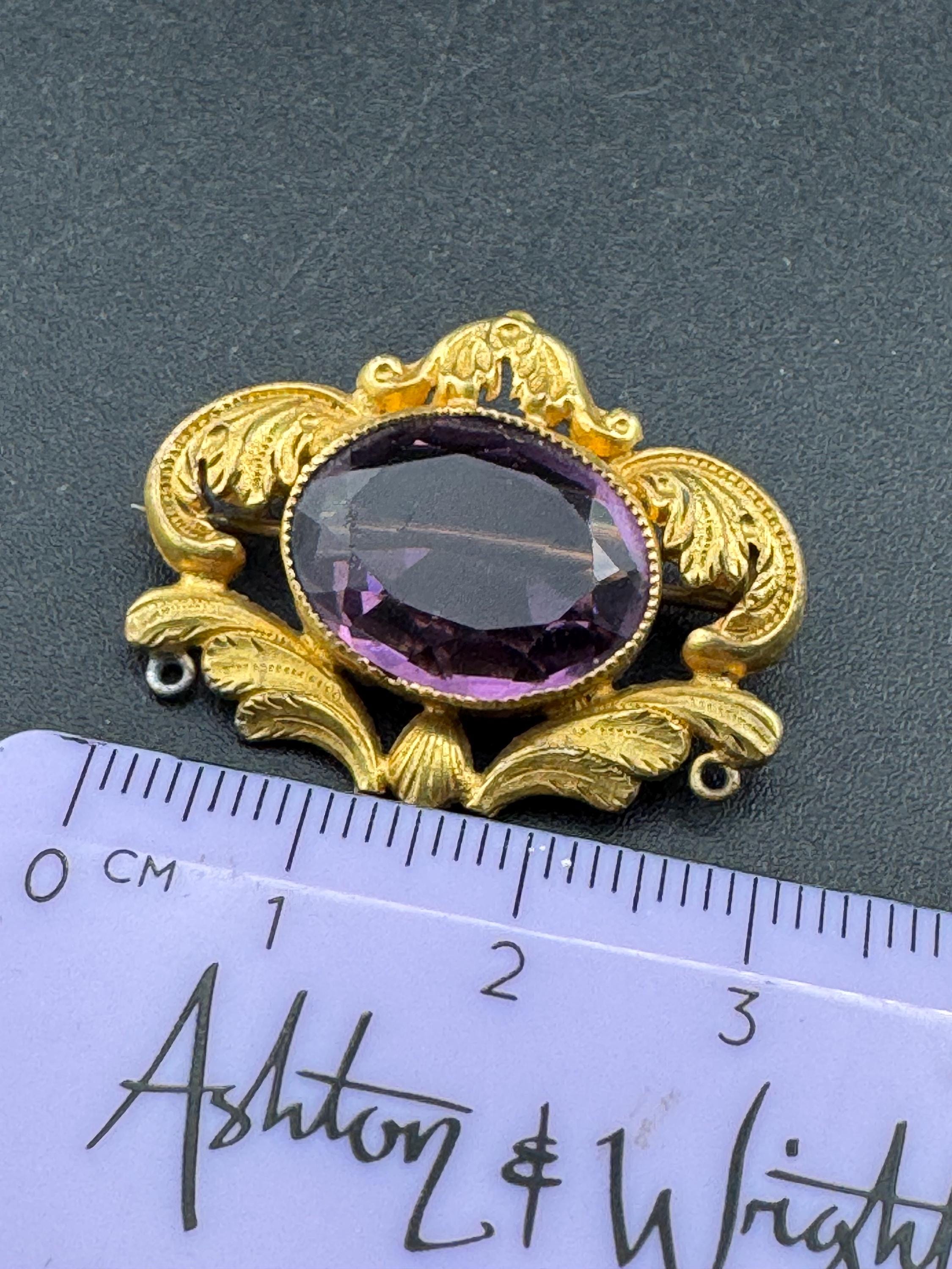 Antique oval amethyst rhinestone brooch,  gilt metal pin, Victorian 1900s