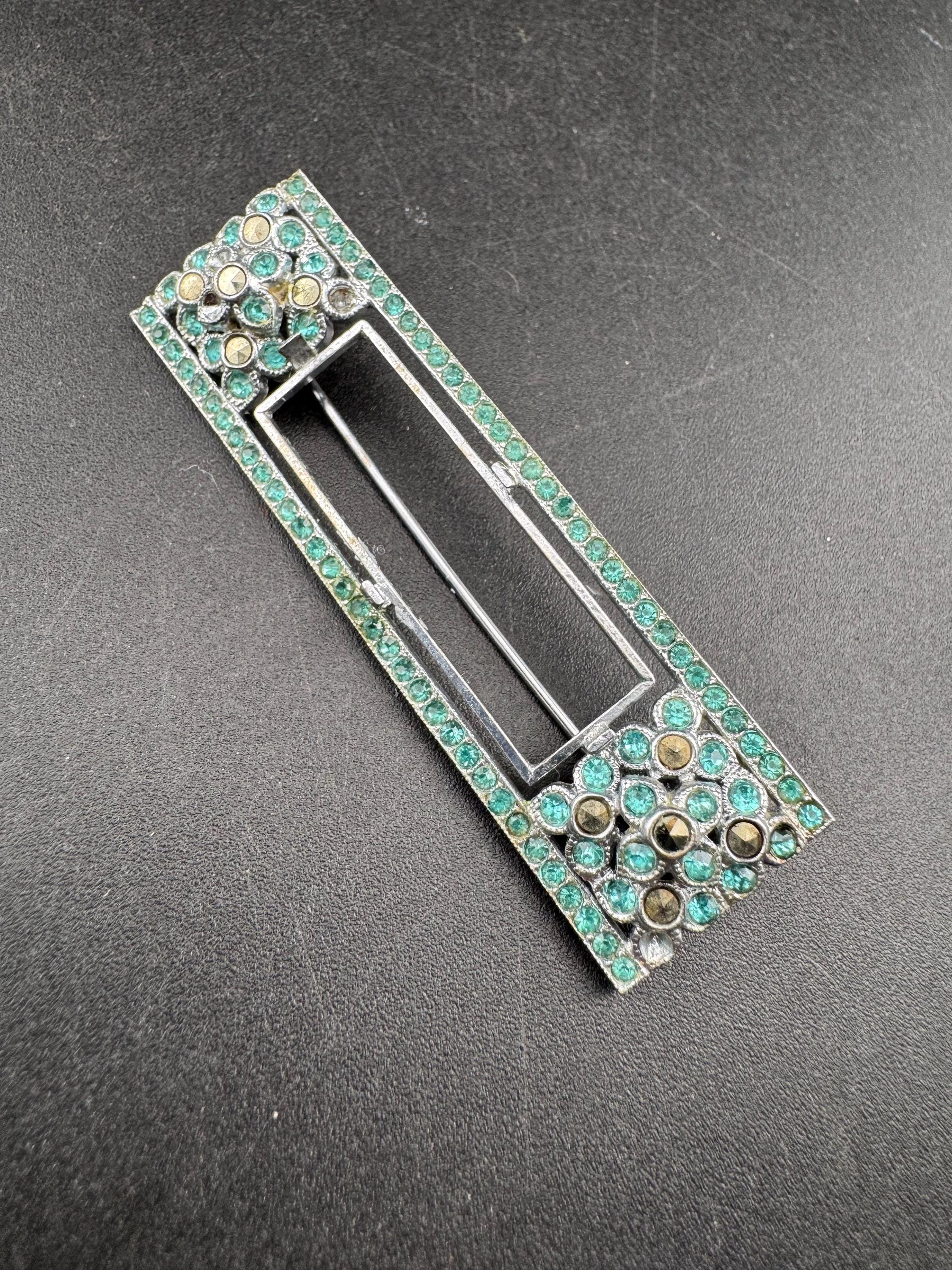 as found Vintage chrome silver art deco marcasite and turquoise brooch diamanté paste