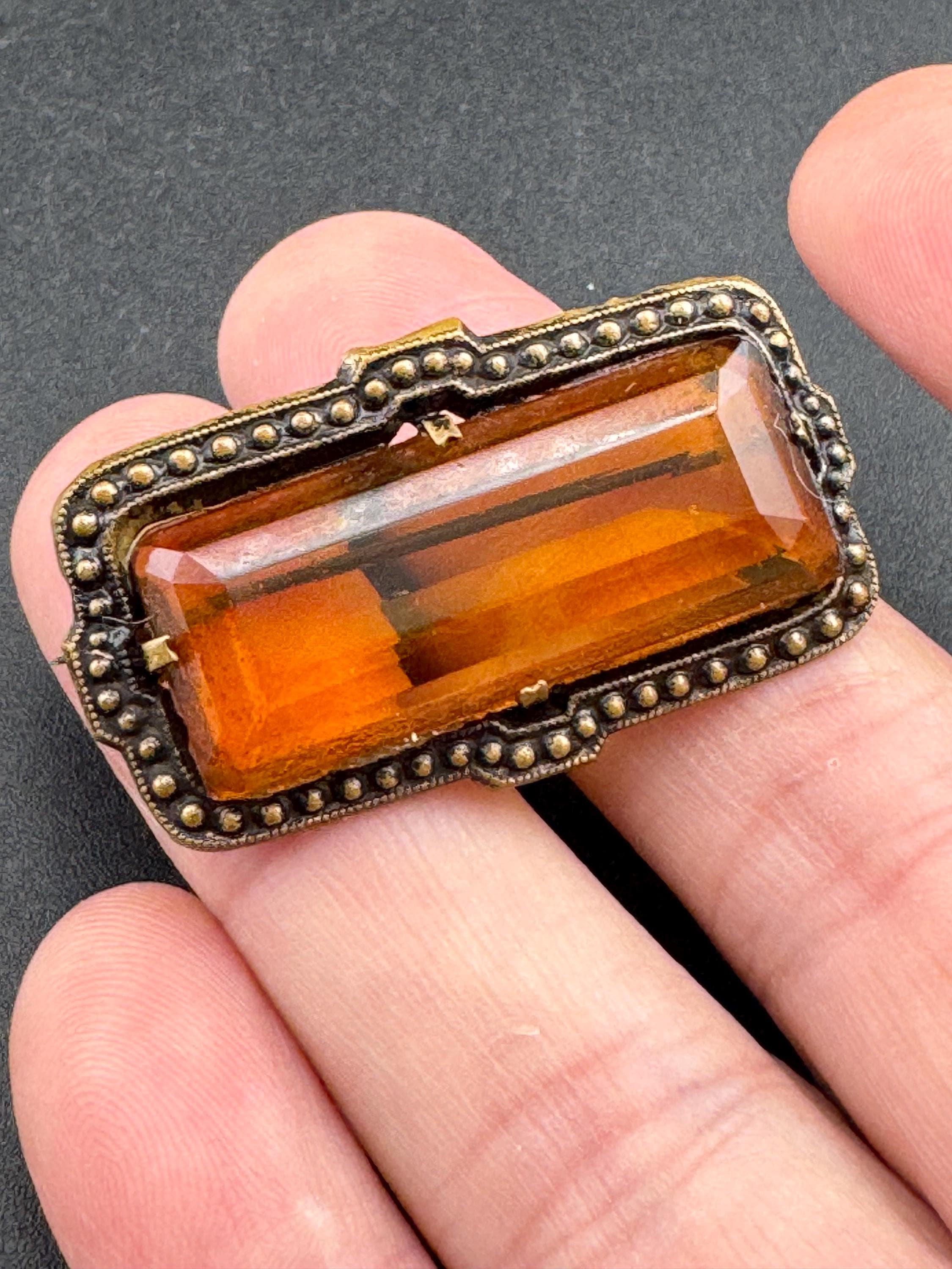 Edwardian Orange citrine glass cabochon brooch old c clasp gold metal