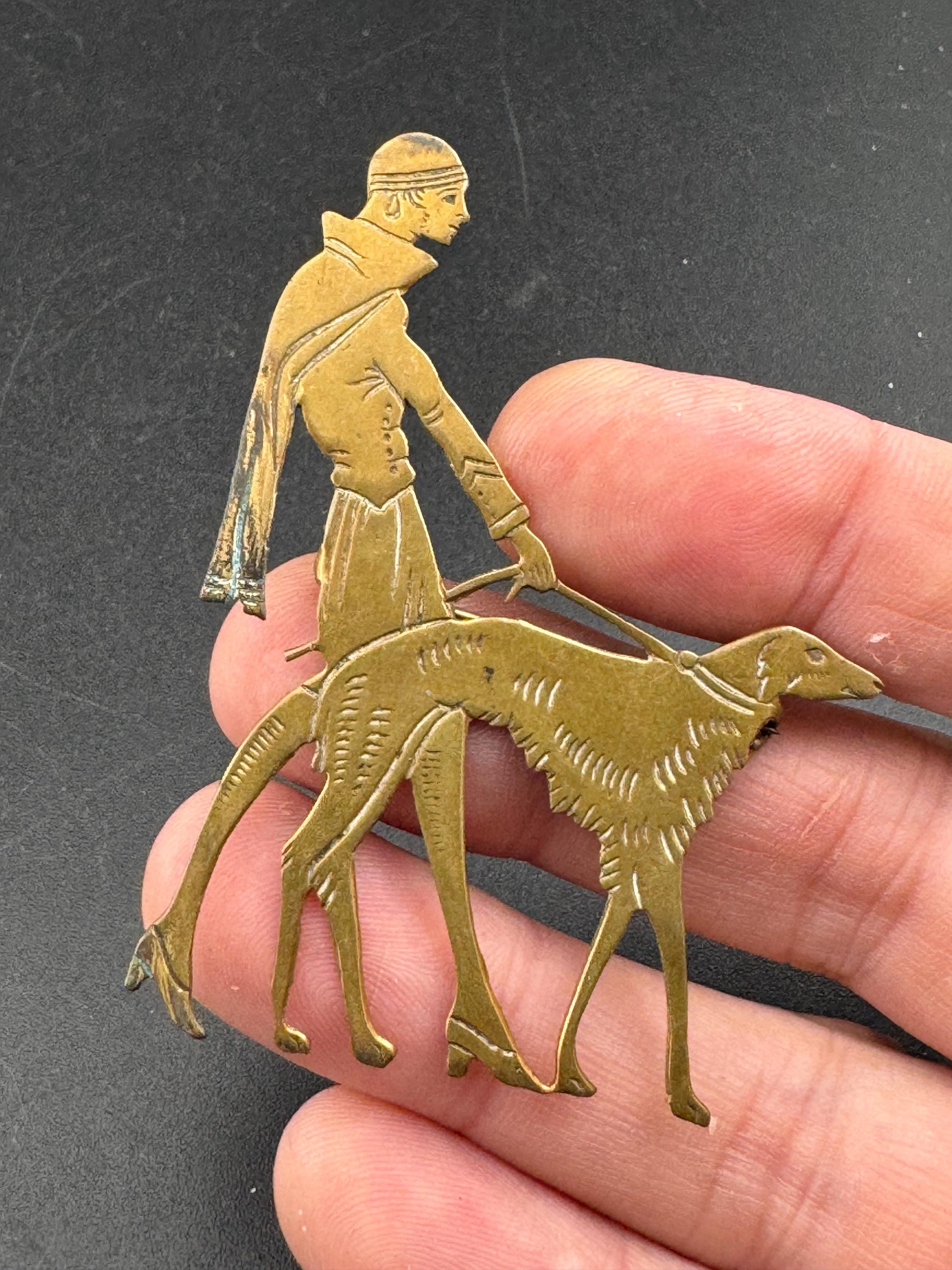 Vintage Vogue Art Deco 1920s Lady Walking borzoi Dog Brooch brass Pin