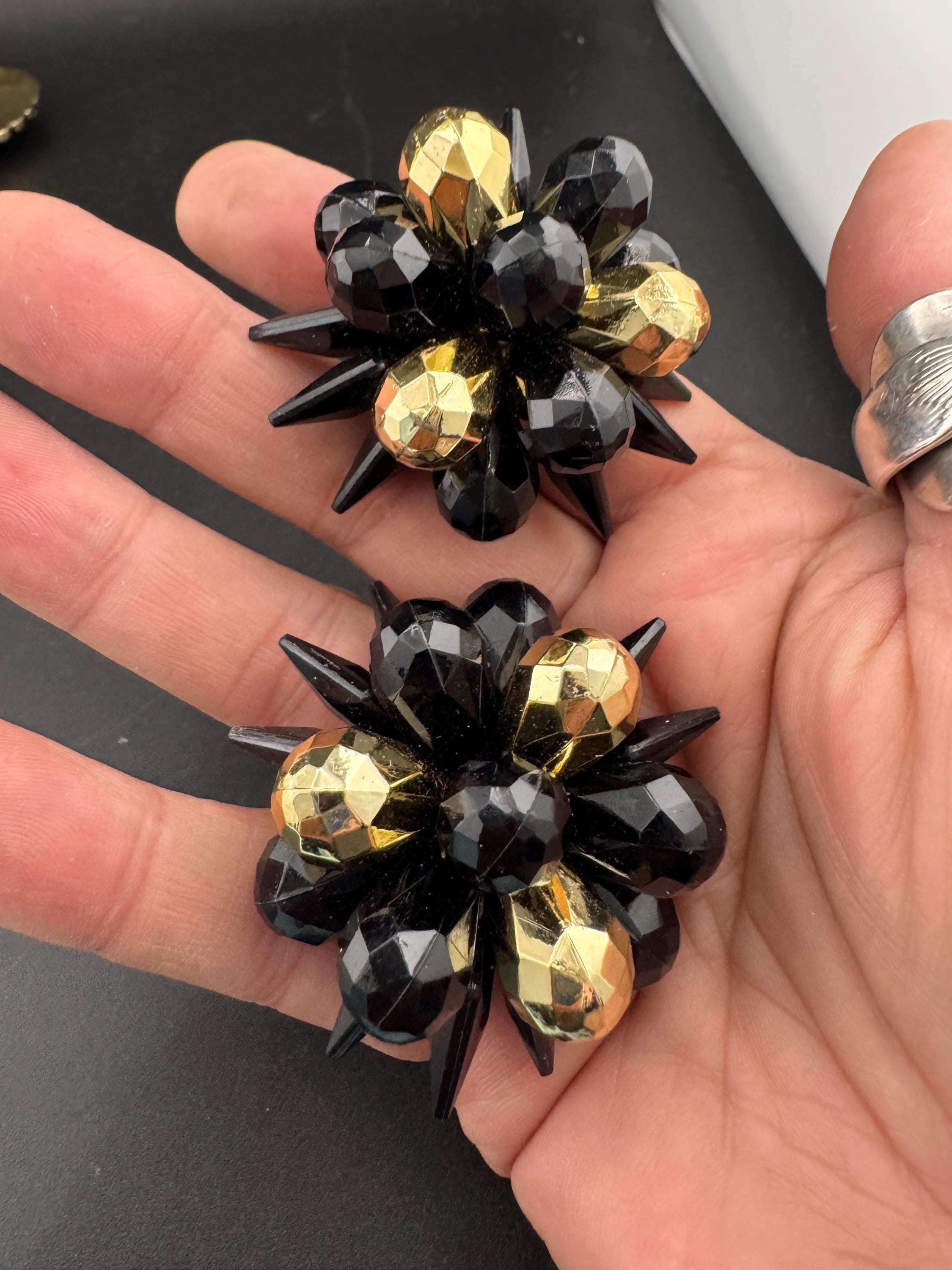 Oversized 4cm black gold plastic cluster beaded Clip On Earrings Vintage