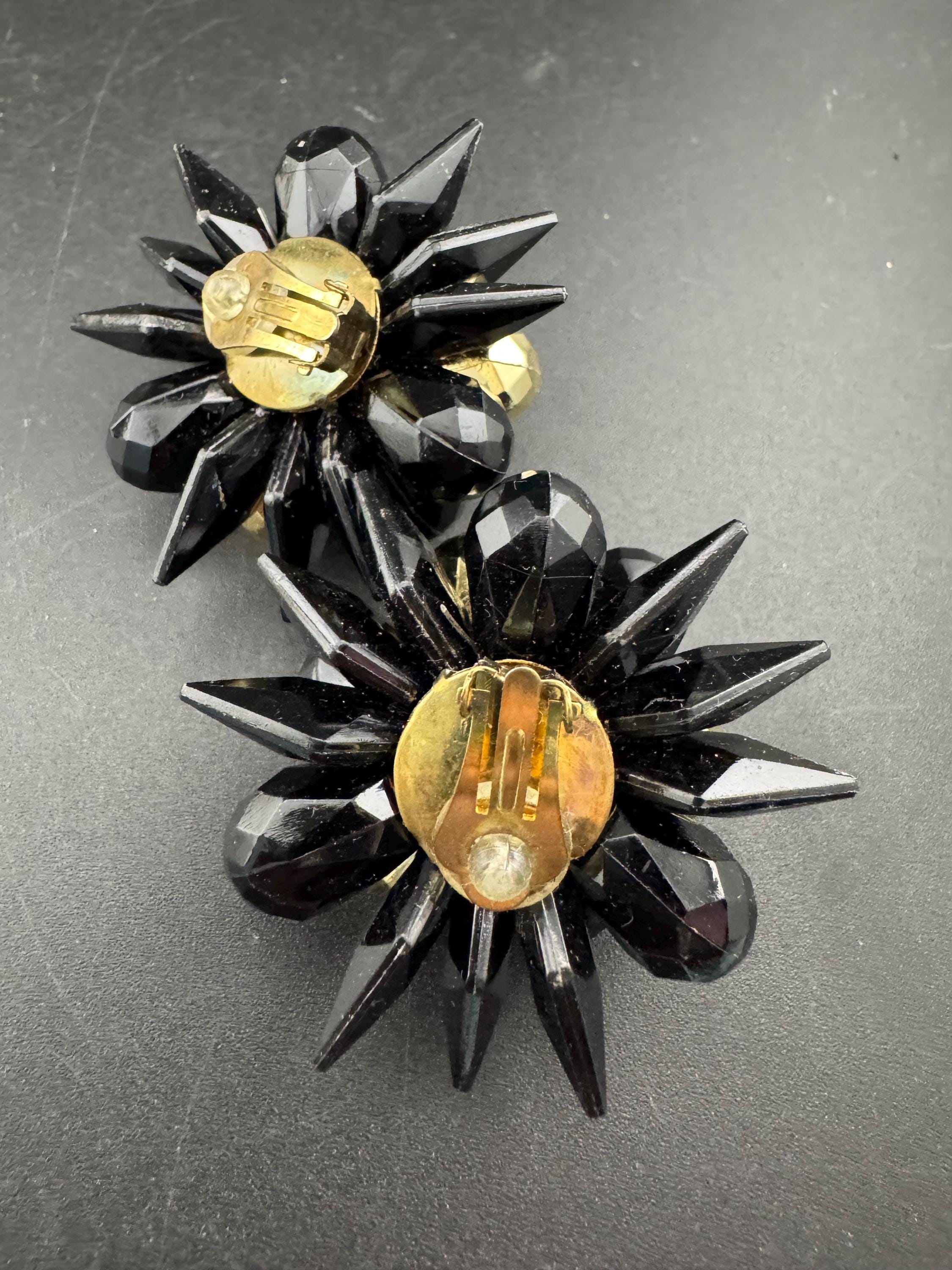 Oversized 4cm black gold plastic cluster beaded Clip On Earrings Vintage