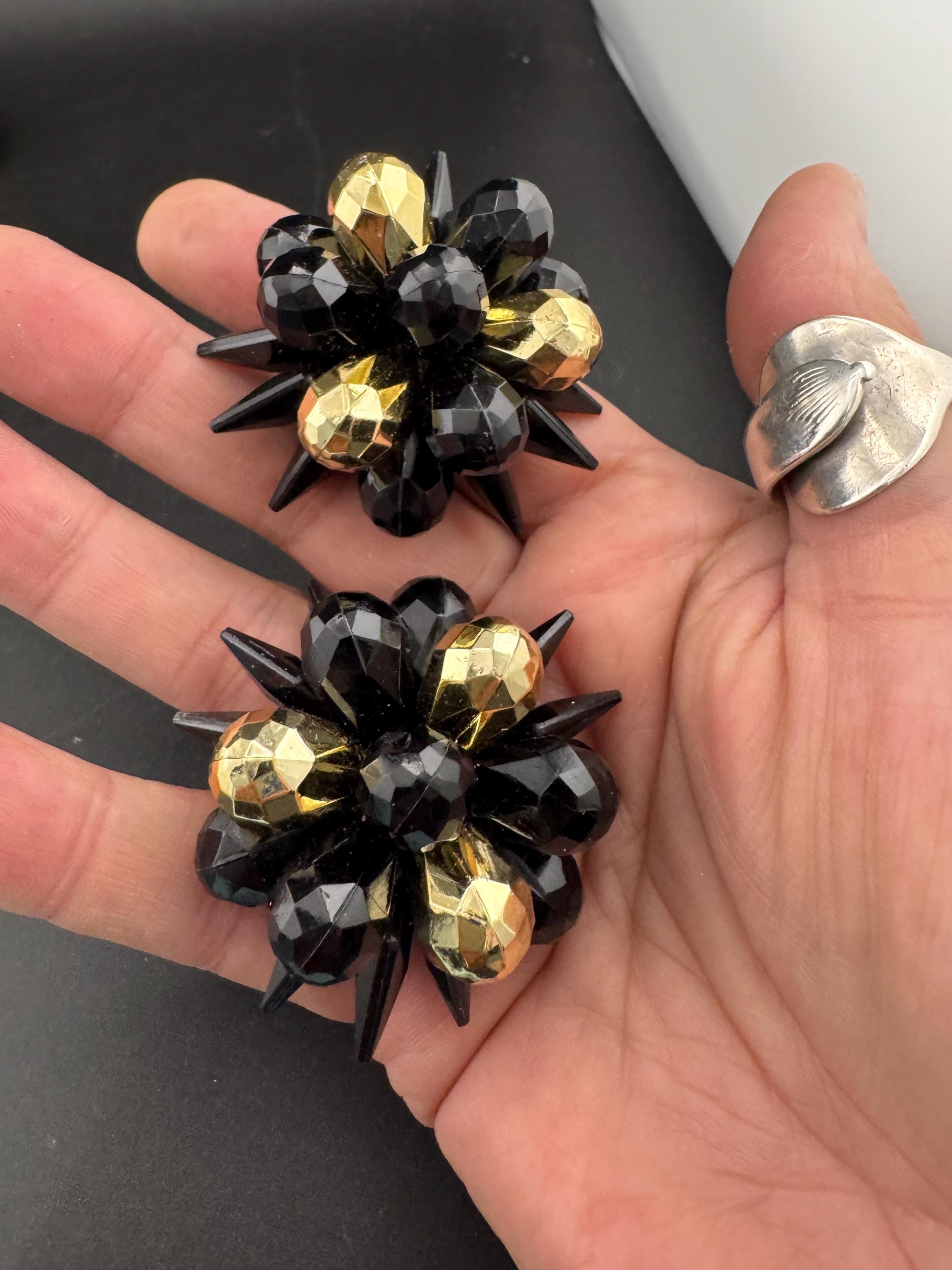 Oversized 4cm black gold plastic cluster beaded Clip On Earrings Vintage