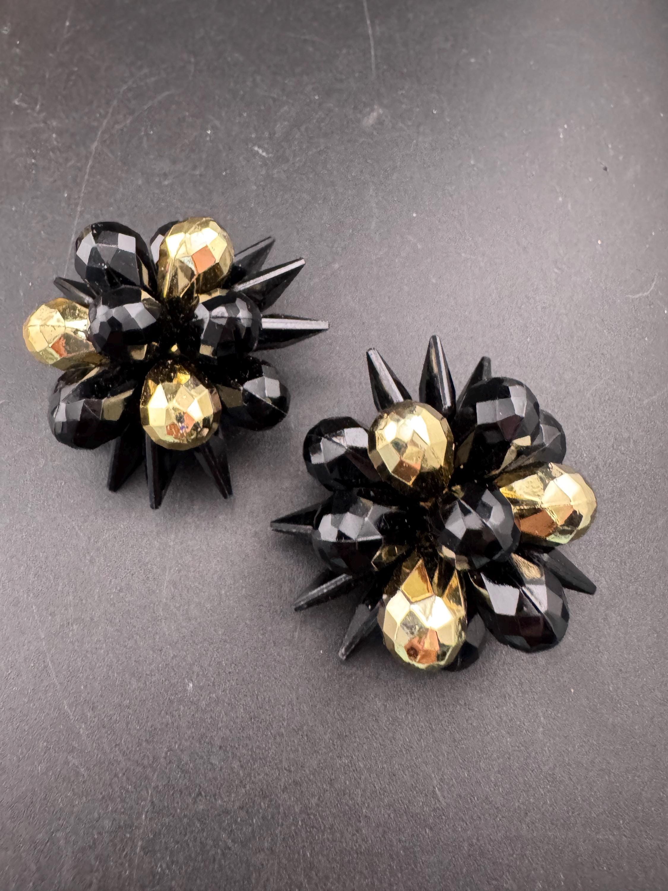 Oversized 4cm black gold plastic cluster beaded Clip On Earrings Vintage