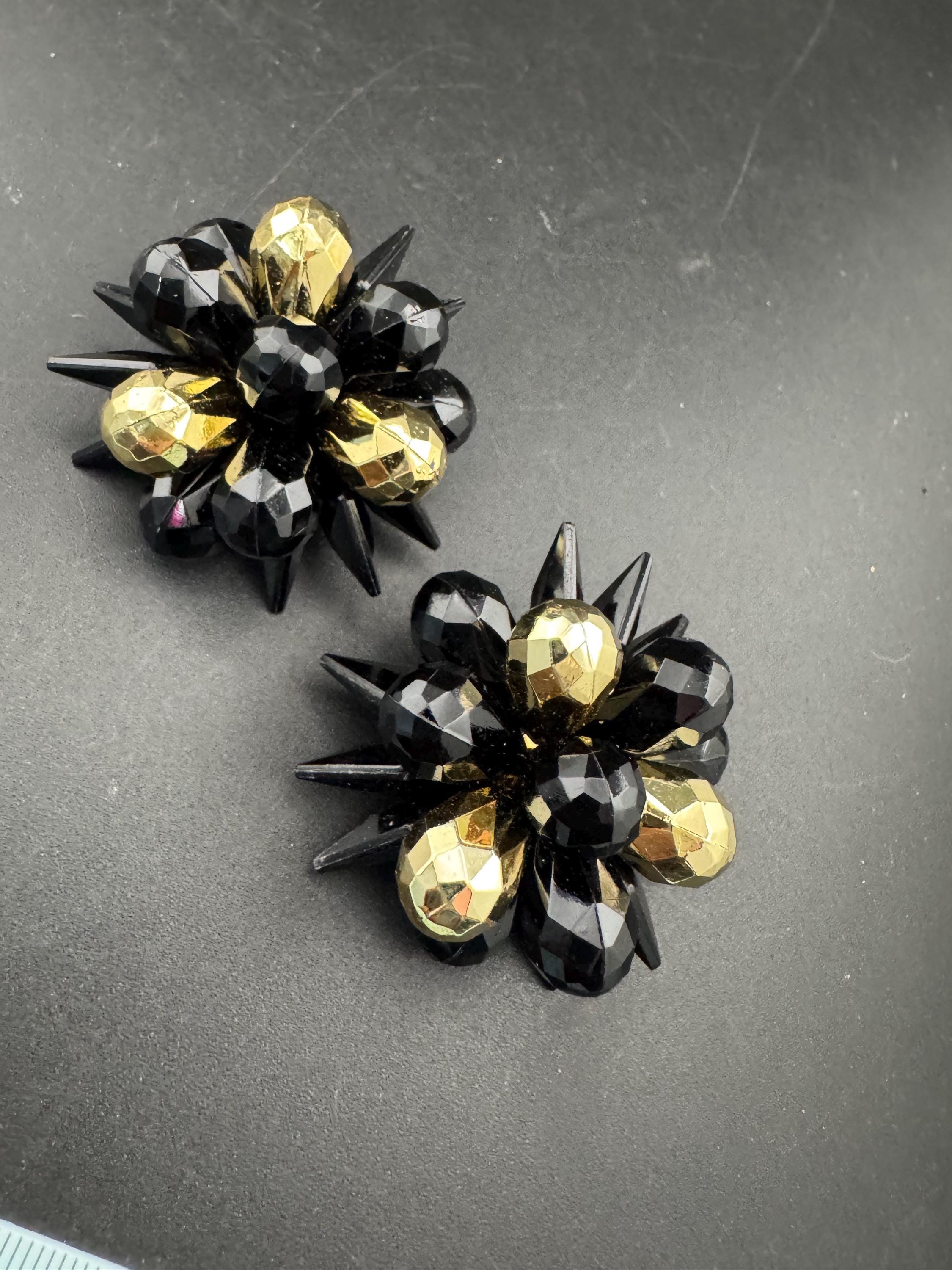 Oversized 4cm black gold plastic cluster beaded Clip On Earrings Vintage