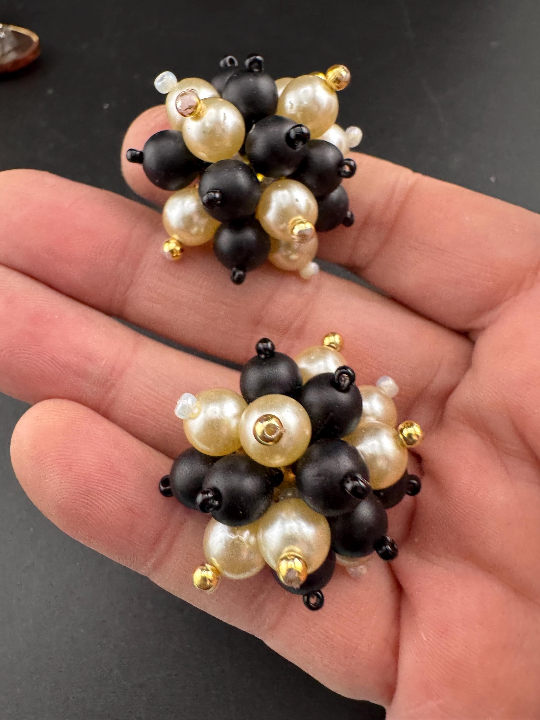 Vintage black glass beaded cream pearl Cluster Clip On Earrings