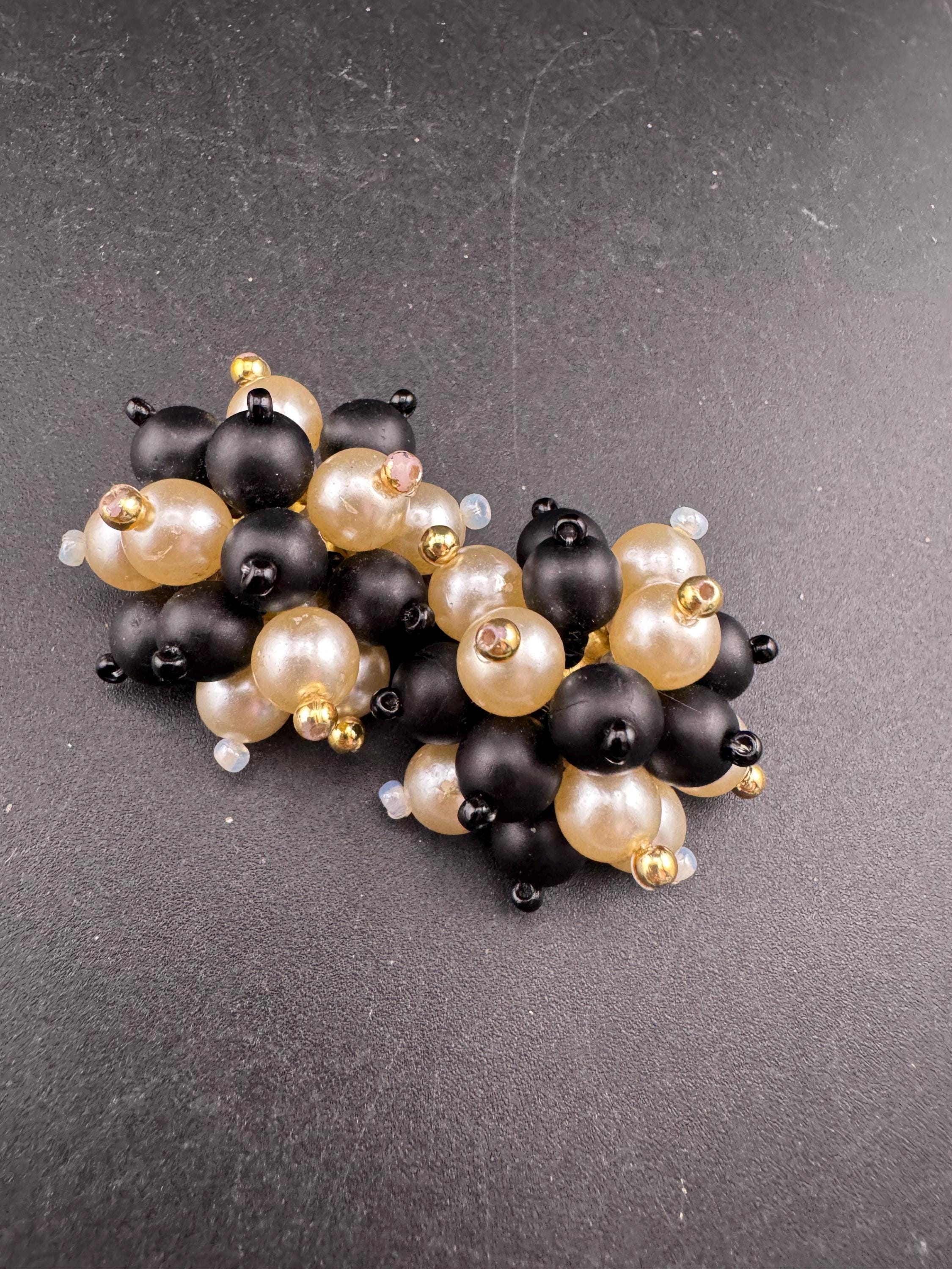 Vintage black glass beaded cream pearl Cluster Clip On Earrings