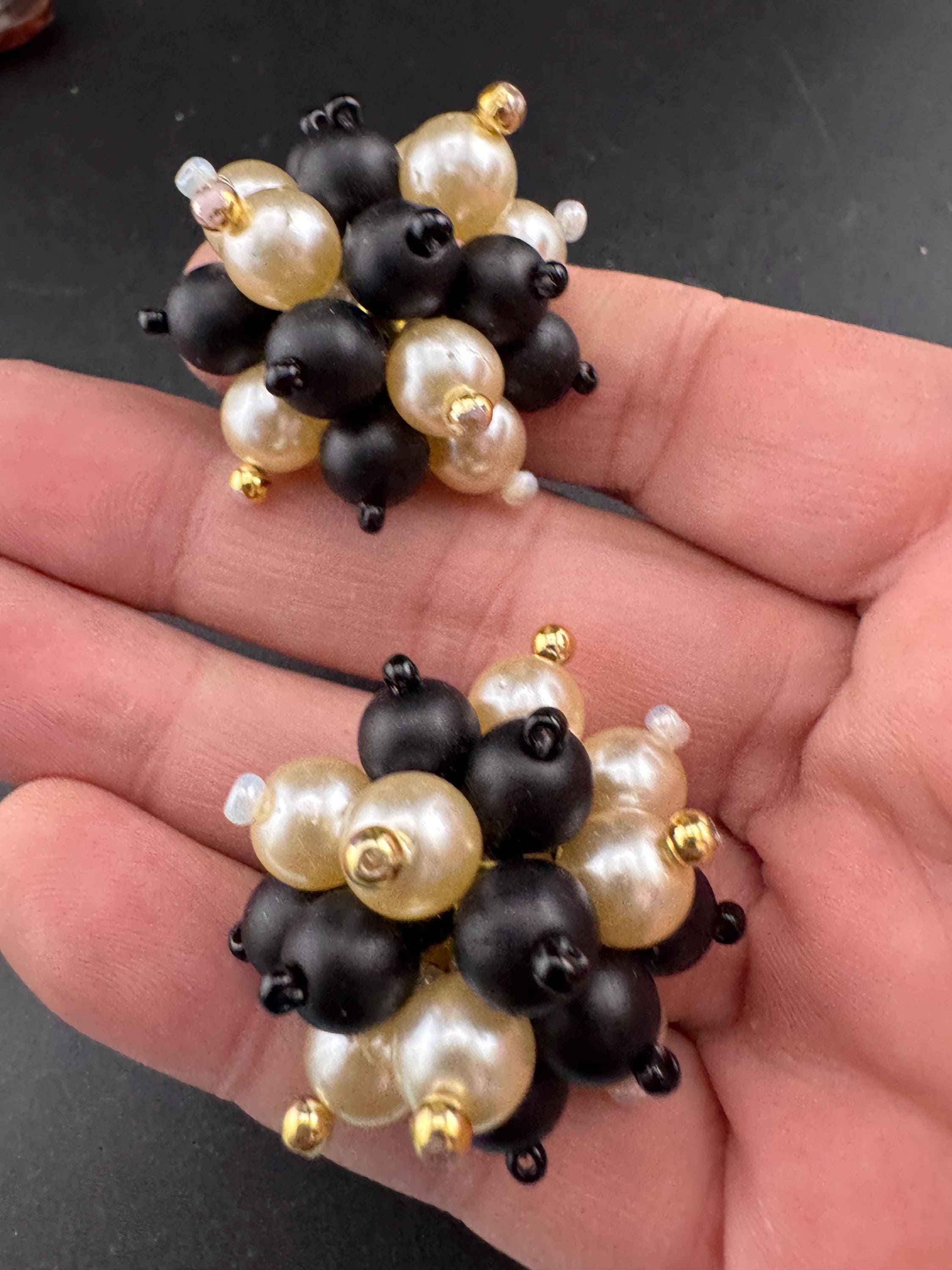 Vintage black glass beaded cream pearl Cluster Clip On Earrings