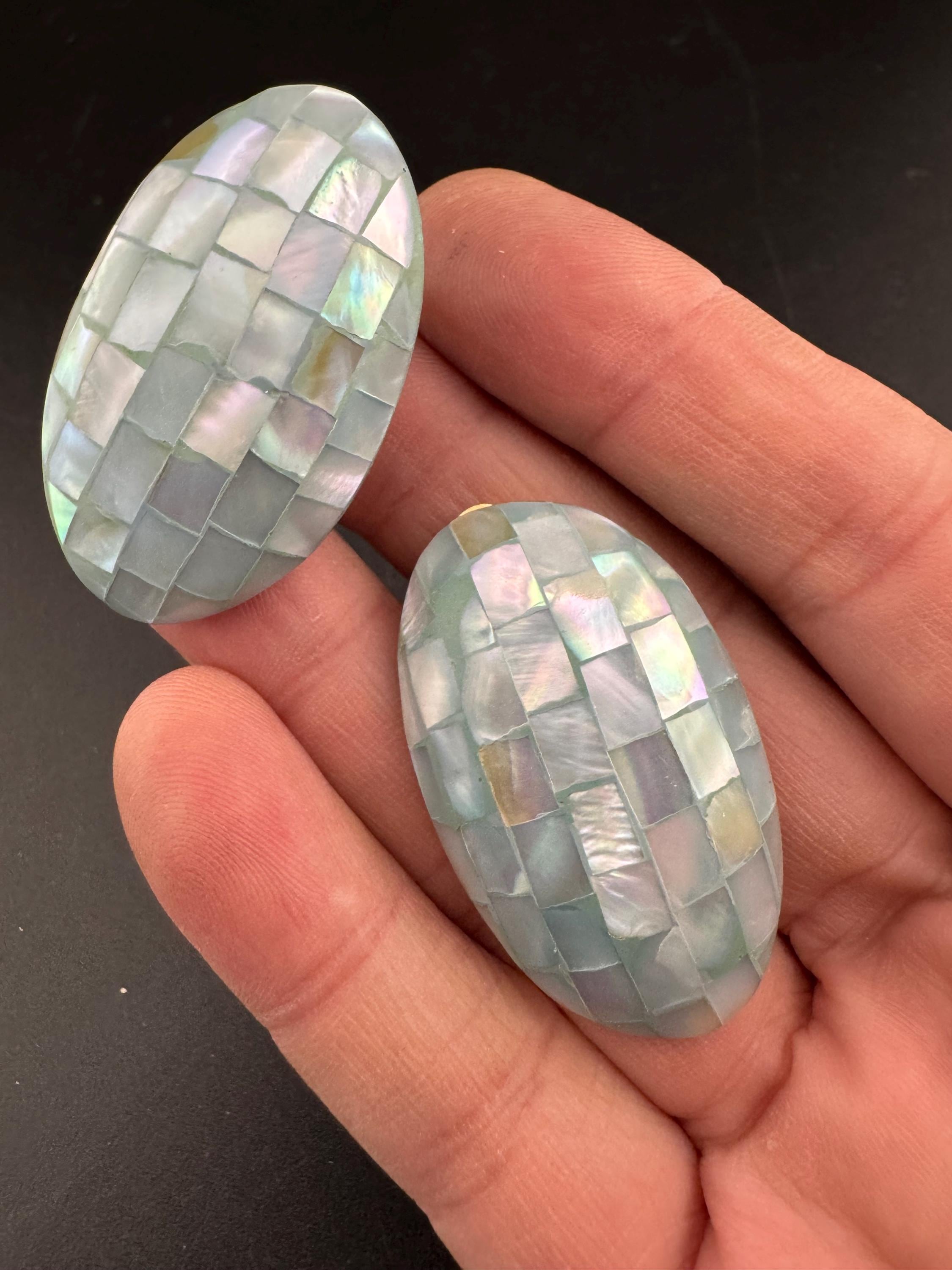Oversized Vintage blue oval mother of pearl clip on earrings