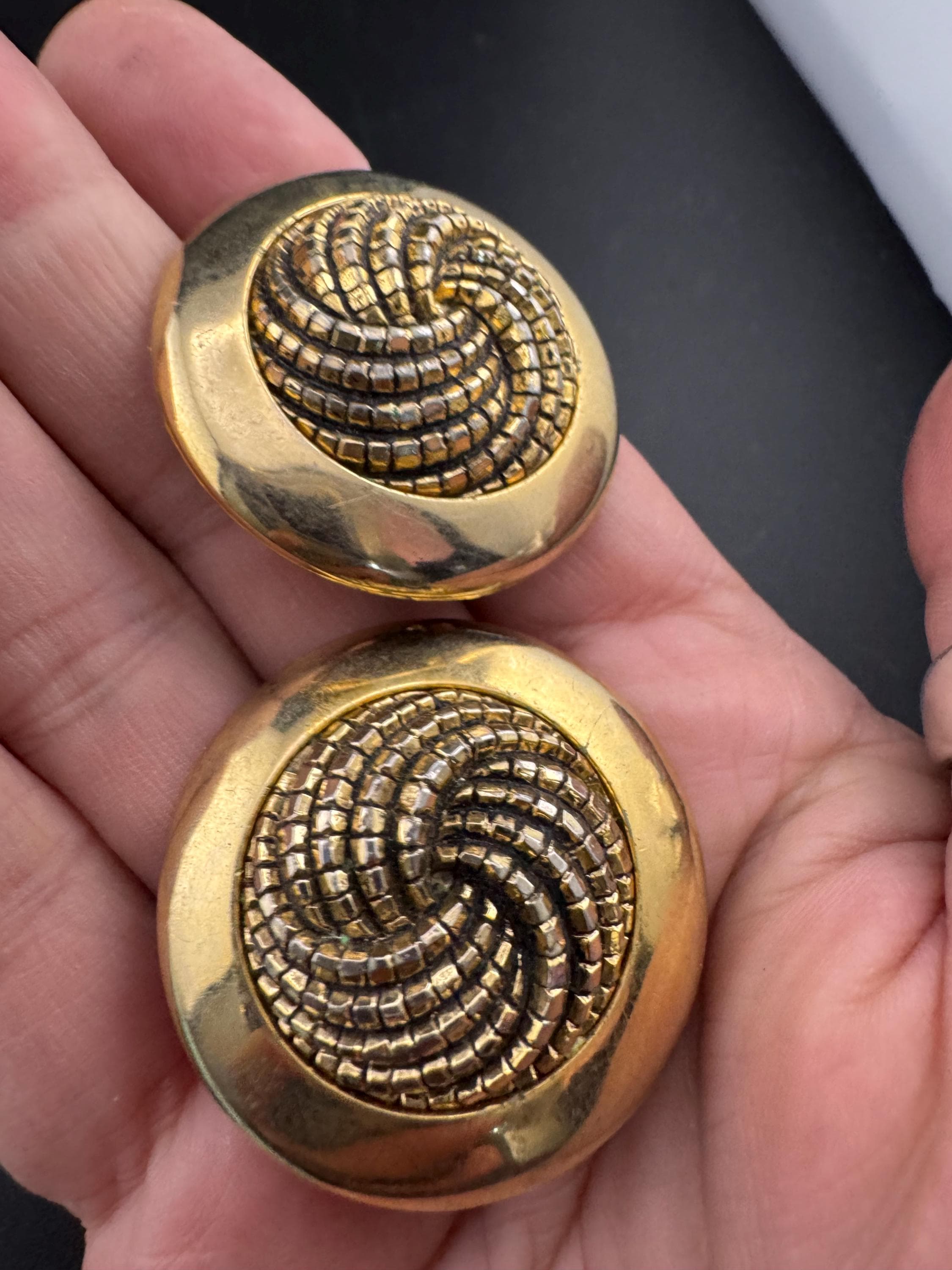 oversized round gold tone plastic disc button domed clip on earrings