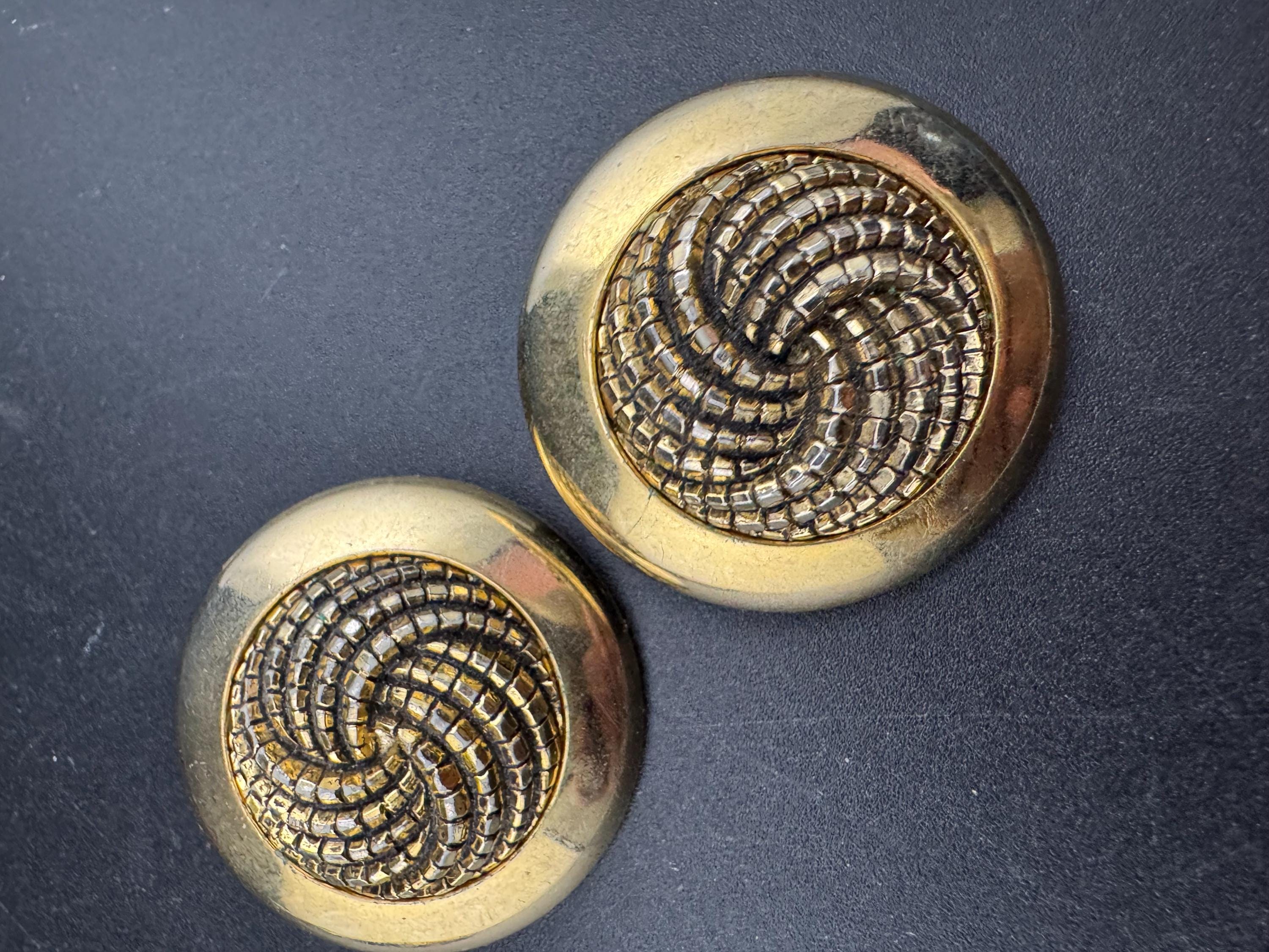 oversized round gold tone plastic disc button domed clip on earrings