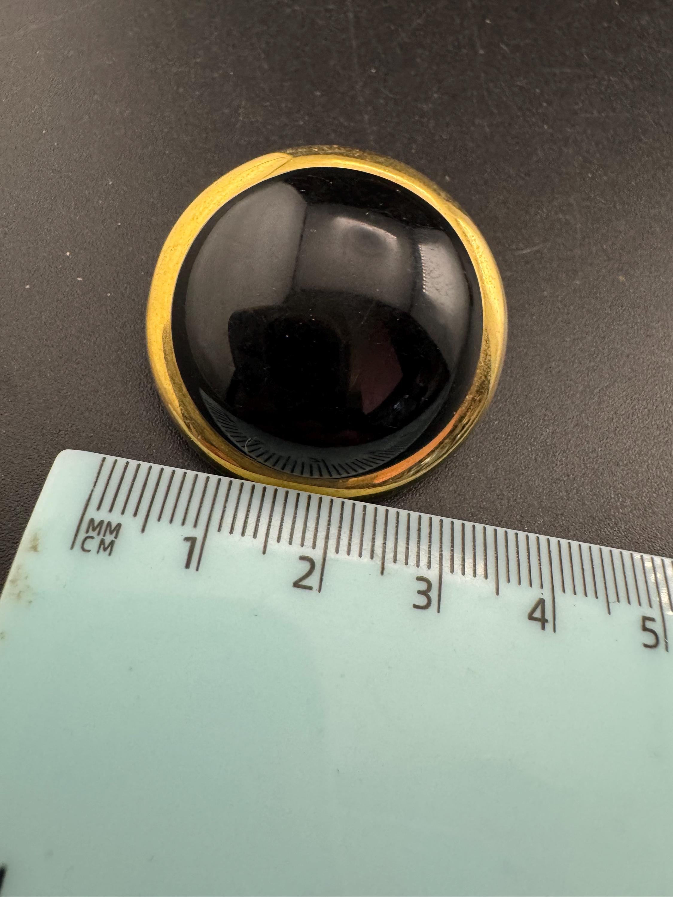 Oversized 3cm gold tone metal black domed acrylic cabochon clip on round earrings 1990s