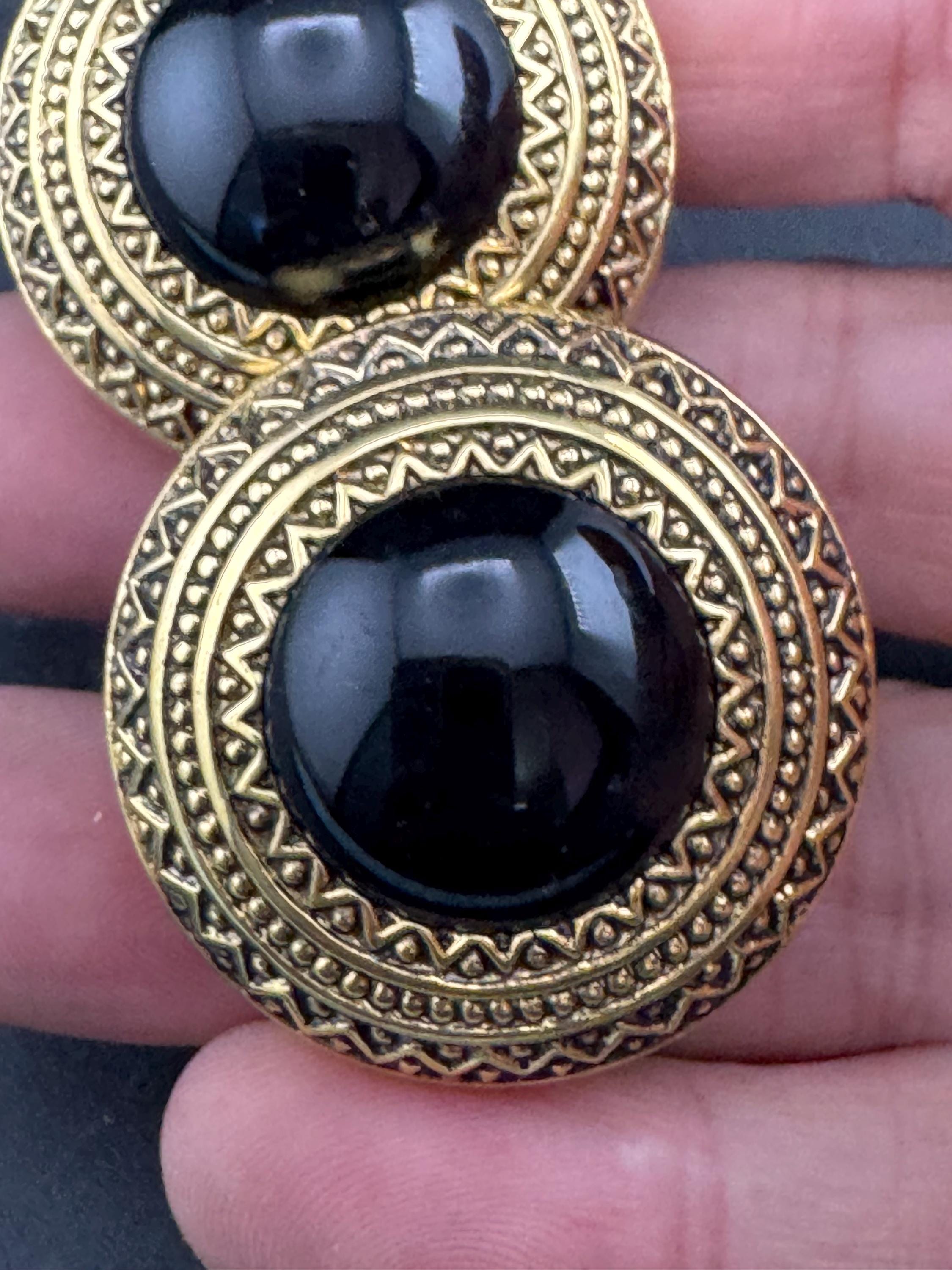 West Germany Gold Clip On Earrings: Black Acrylic Cabochon, 1990s