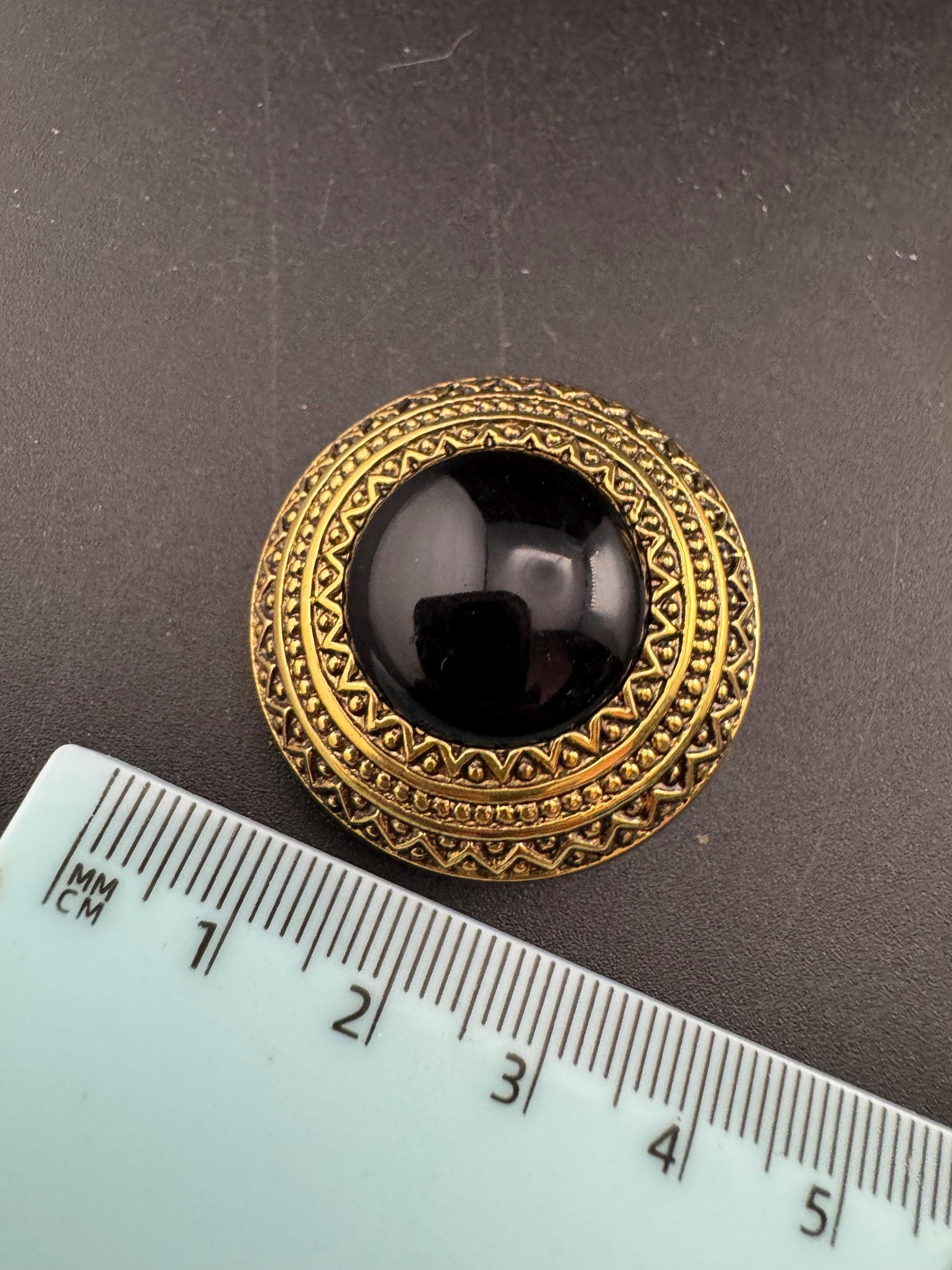 West Germany Gold Clip On Earrings: Black Acrylic Cabochon, 1990s