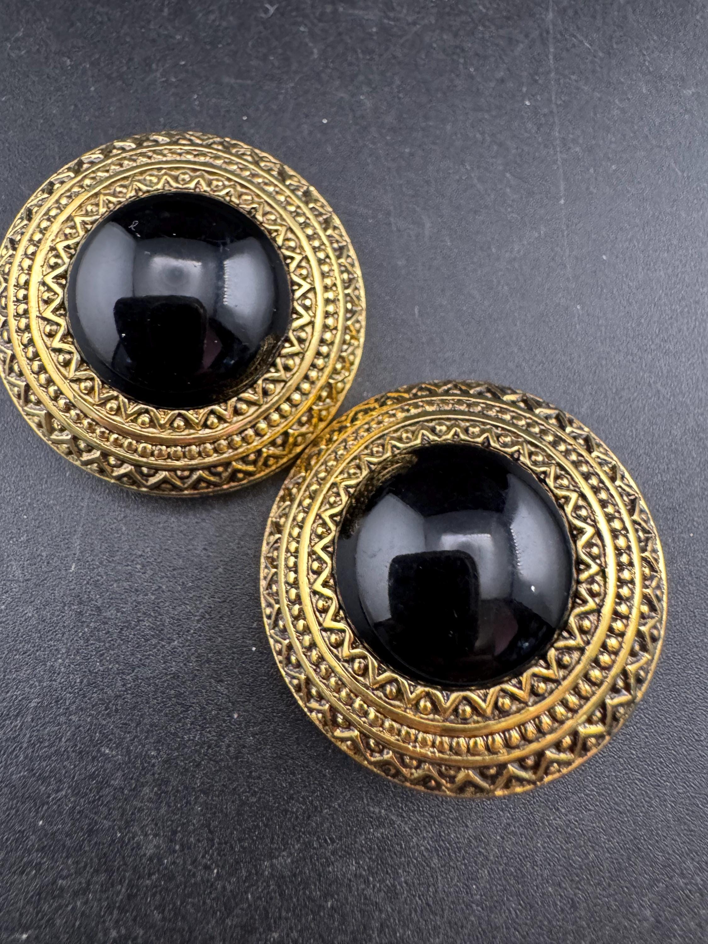West Germany Gold Clip On Earrings: Black Acrylic Cabochon, 1990s