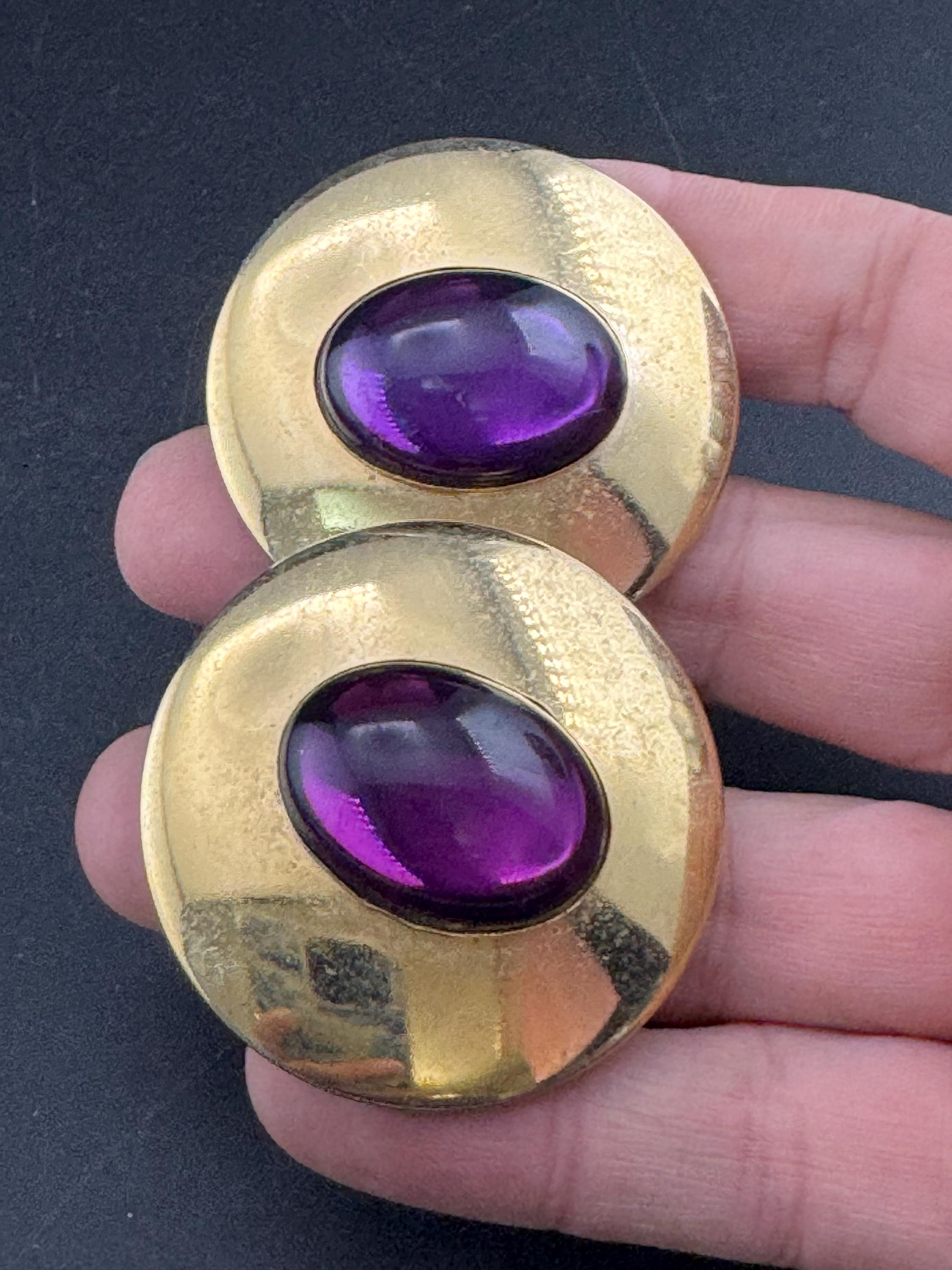 oversized Vintage 1980s gold metal purple cabochon large button stud earrings pierced