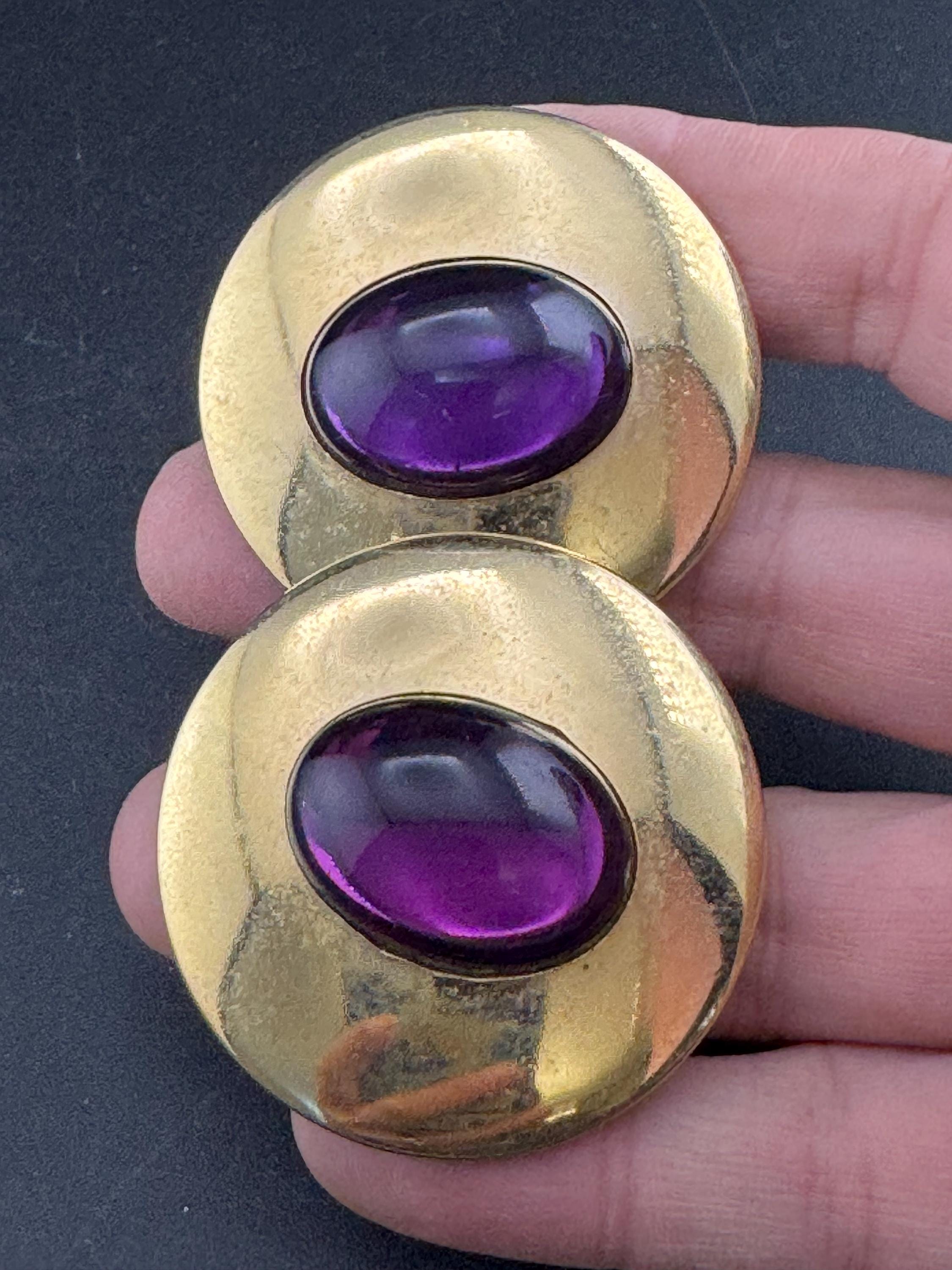 oversized Vintage 1980s gold metal purple cabochon large button stud earrings pierced