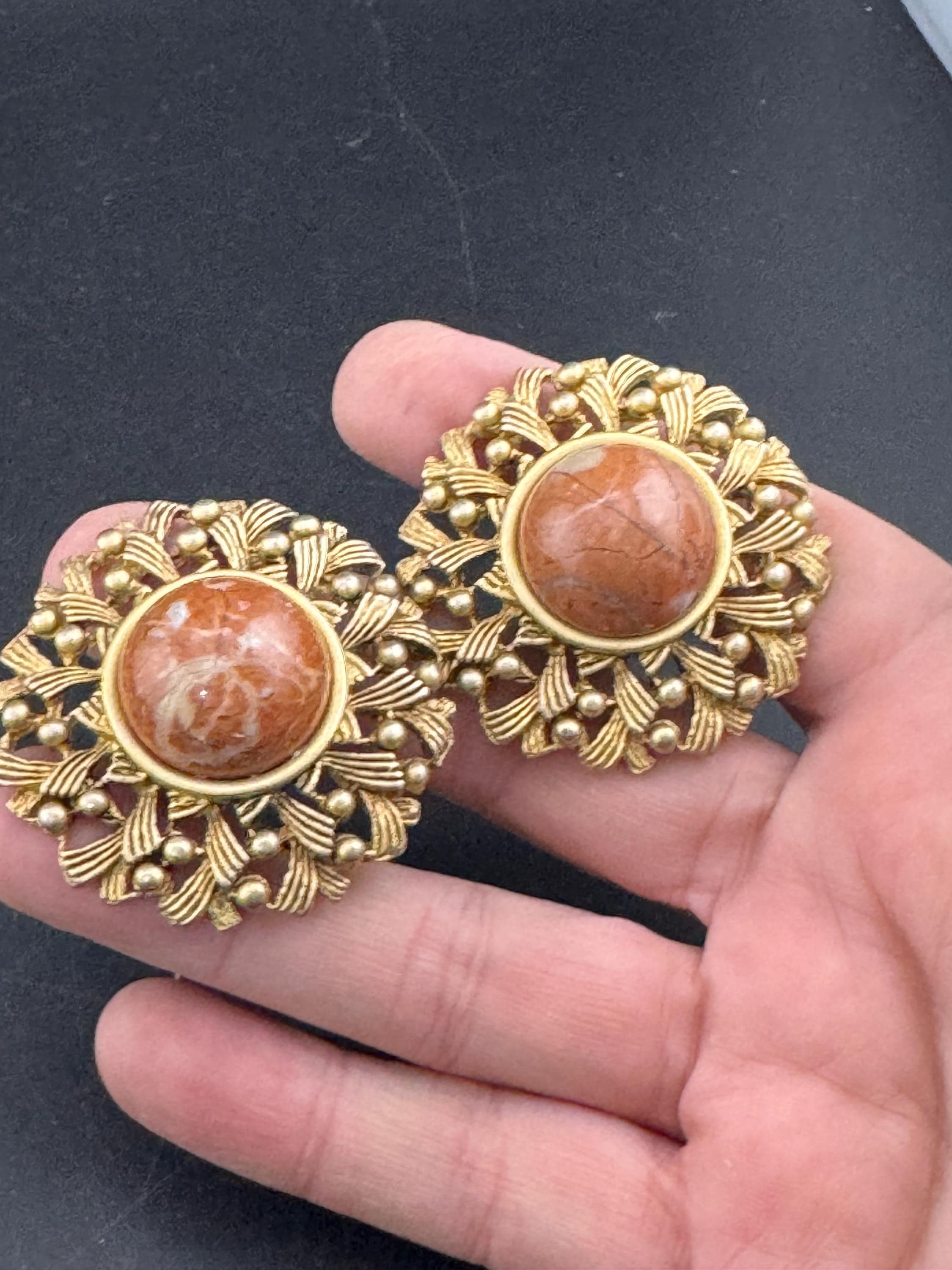 Oversized 4.5cm gold metal brown gemstone set domed Clip On Earrings: studs