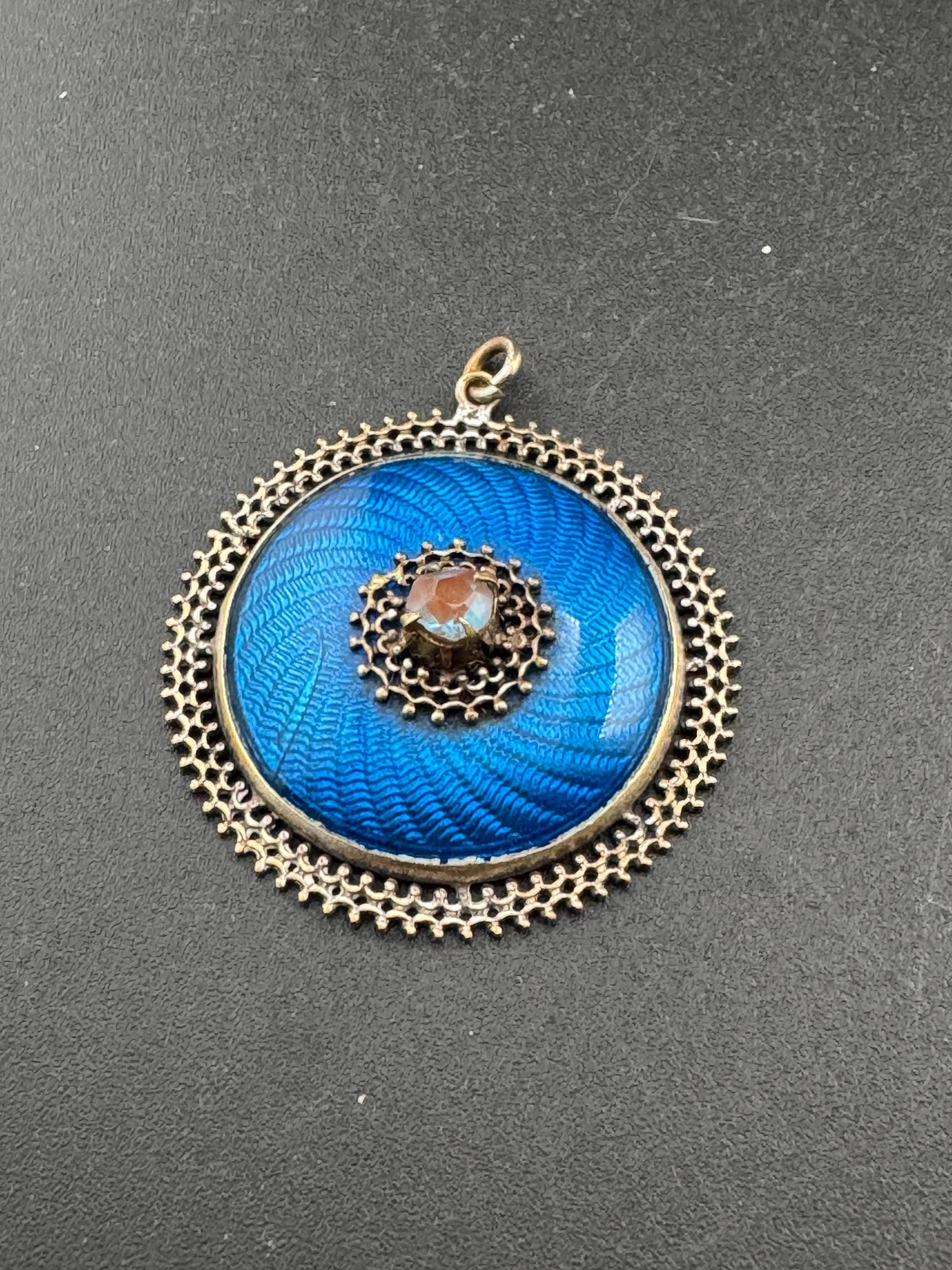 antique Edwardian blue guilloche enamel saphiret glass pendant