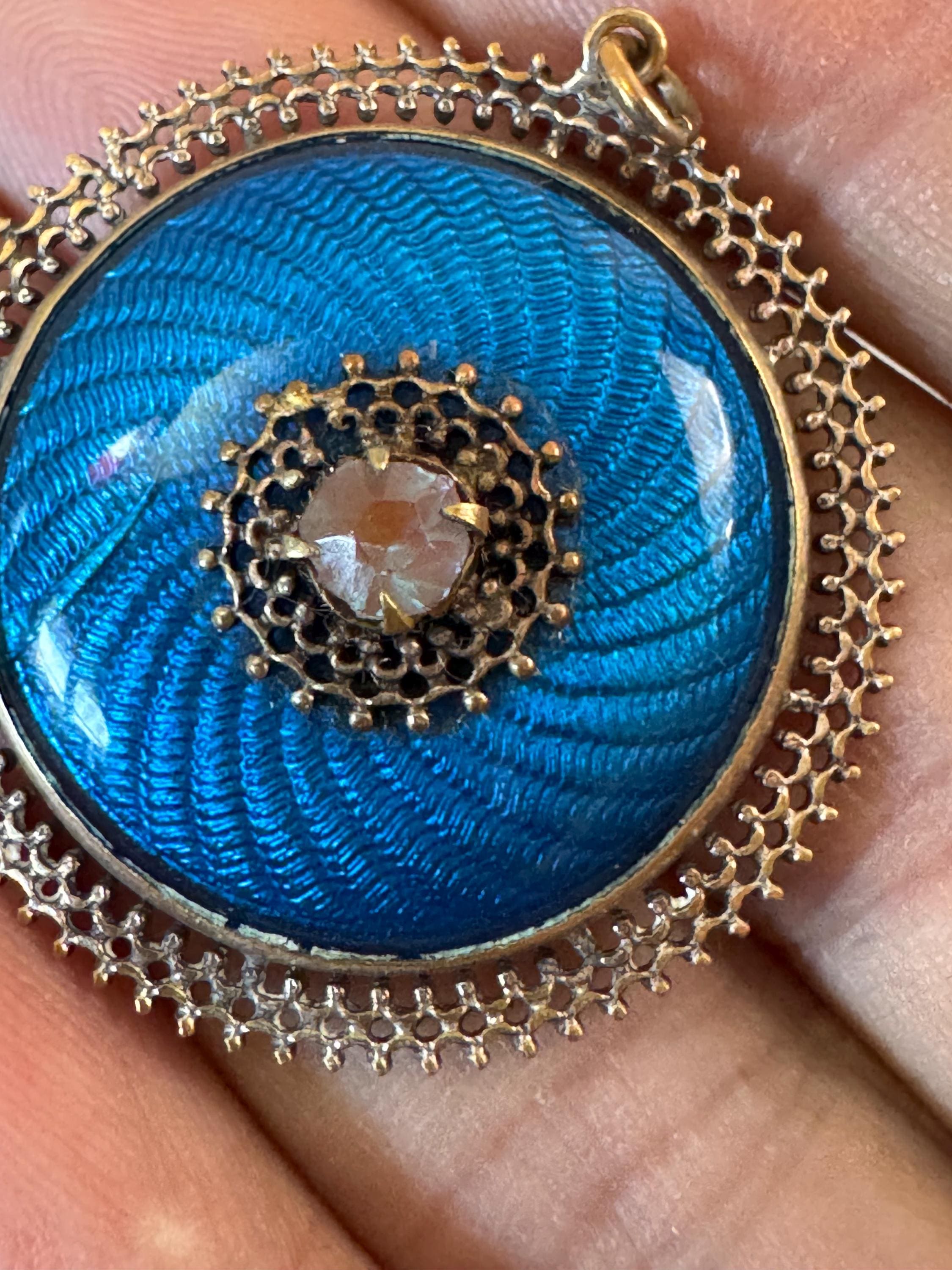 antique Edwardian blue guilloche enamel saphiret glass pendant