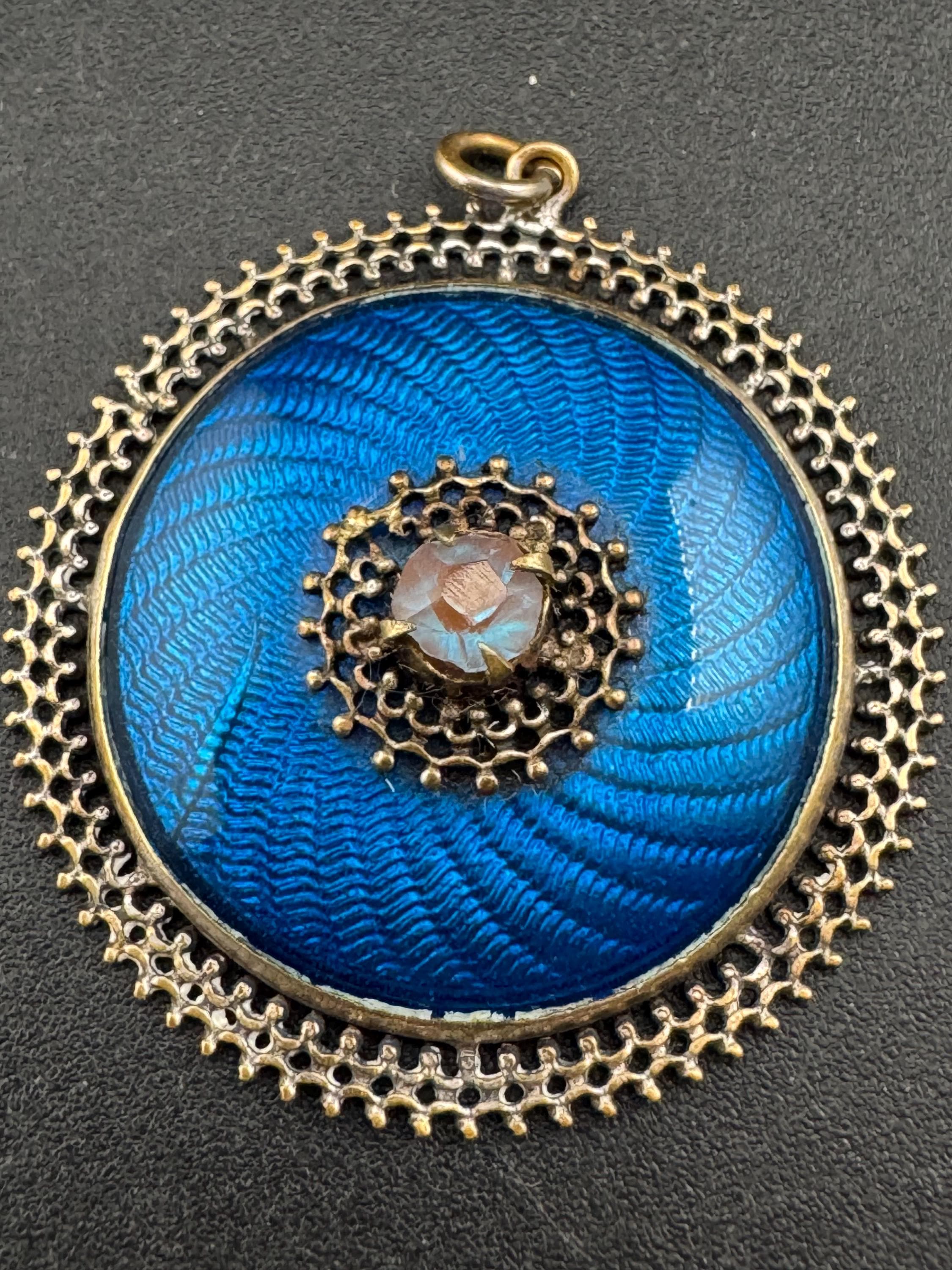 antique Edwardian blue guilloche enamel saphiret glass pendant