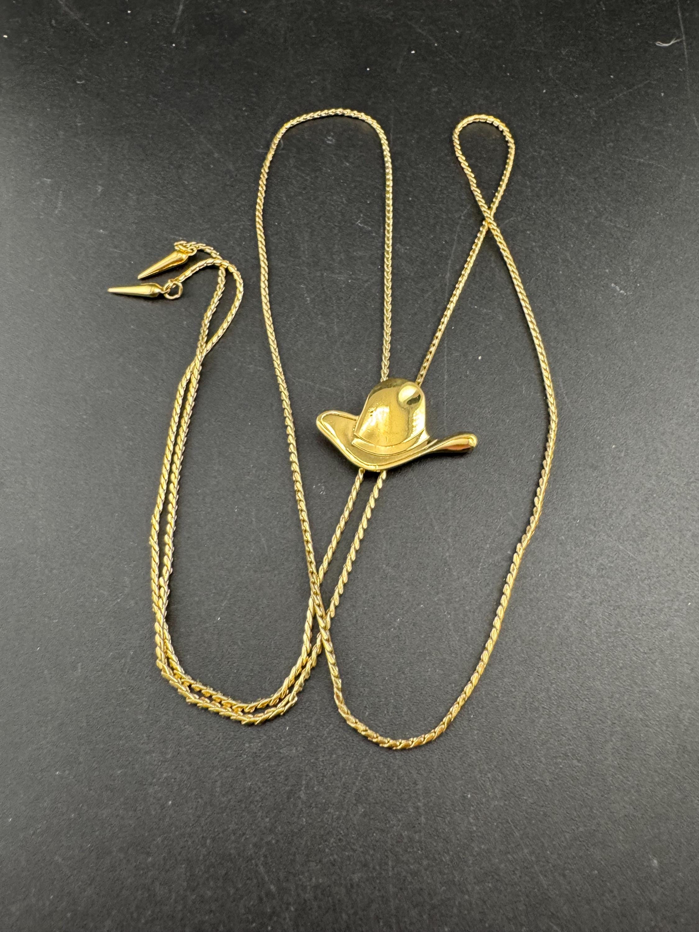 Signed D’orlan gold plated cowboy hat lariat drop bolo necklace