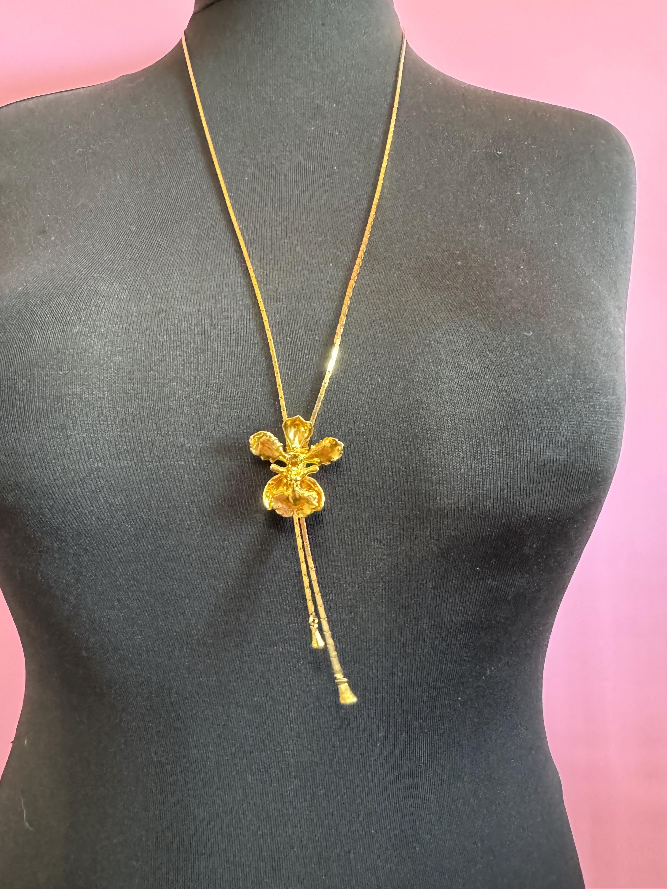 Vintage gold plated orchid flower lariat drop bolo necklace