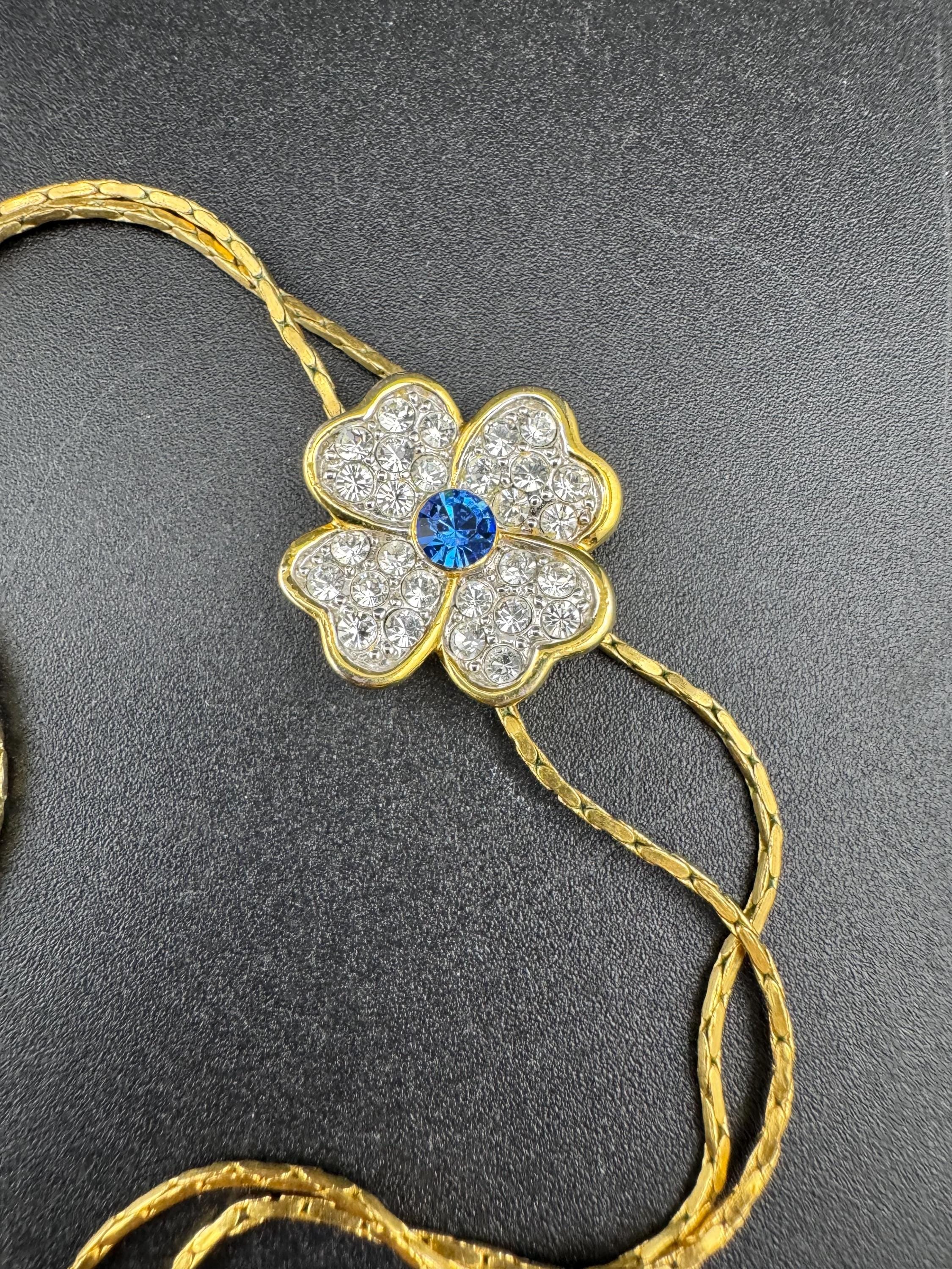 Vintage gold plated sapphire rhinestone flower lariat drop bolo necklace