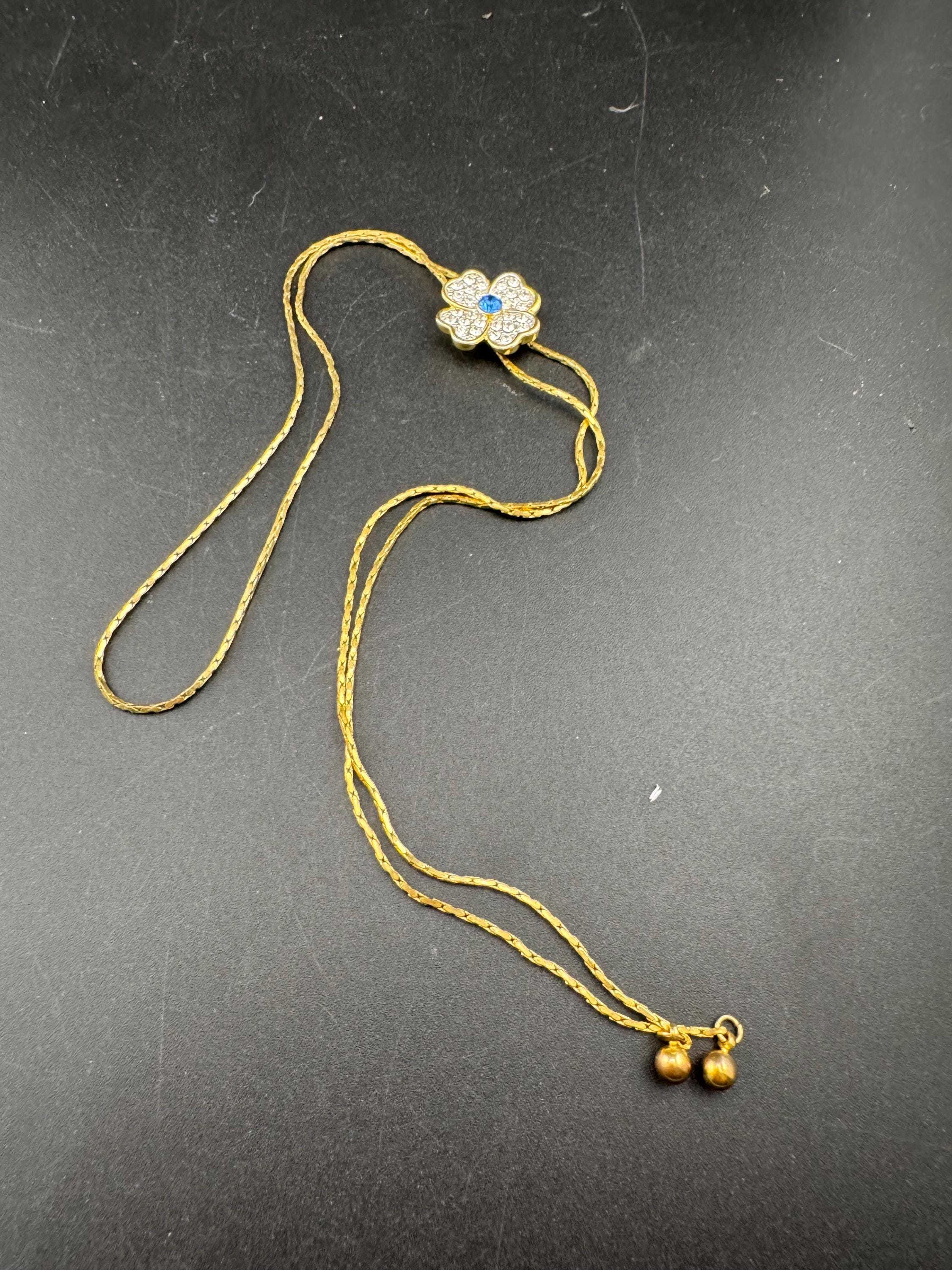 Vintage gold plated sapphire rhinestone flower lariat drop bolo necklace