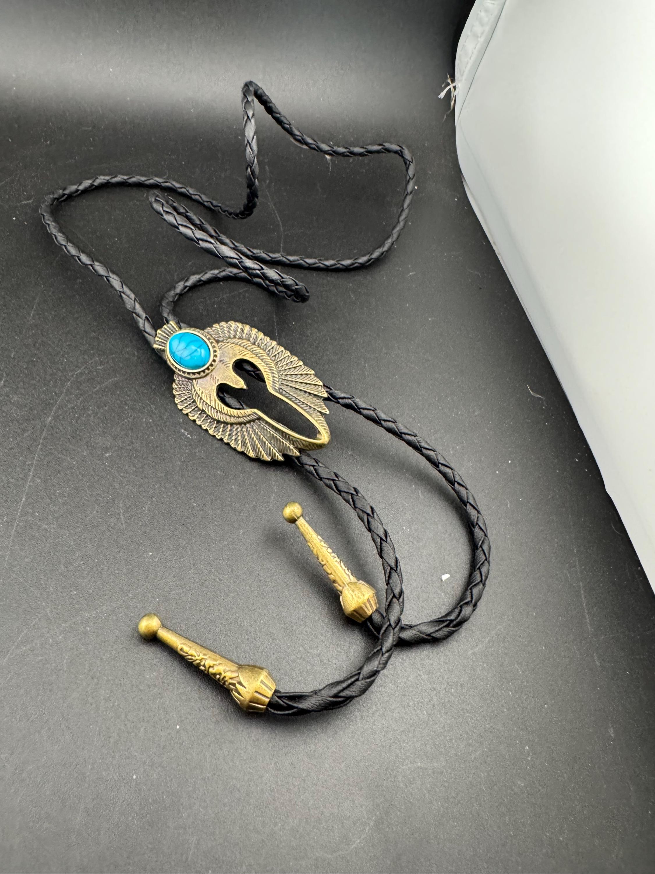 Retro gold tone south western style bolo necklace with turquoise stone on a  leather cord