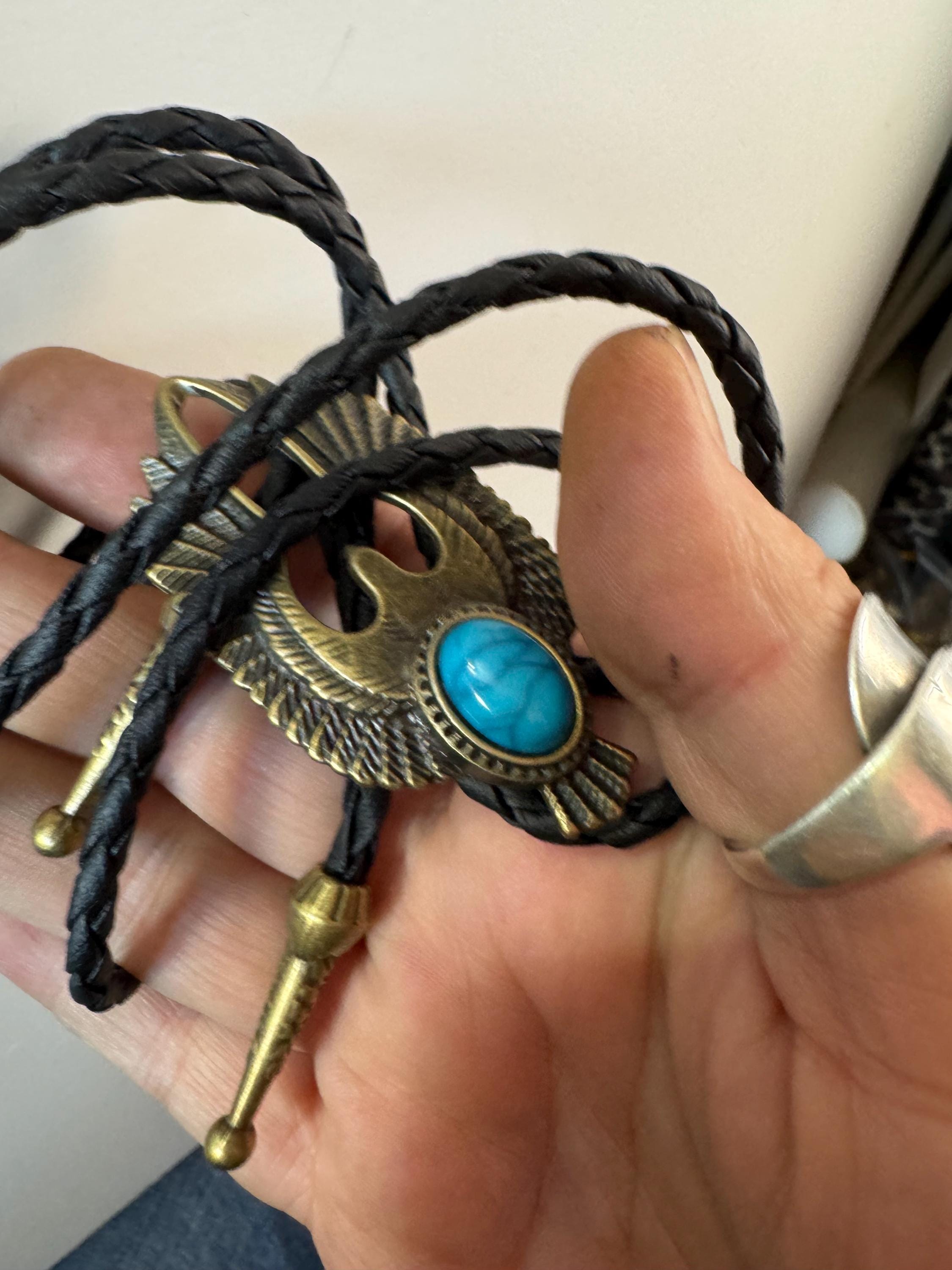Retro gold tone south western style bolo necklace with turquoise stone on a  leather cord