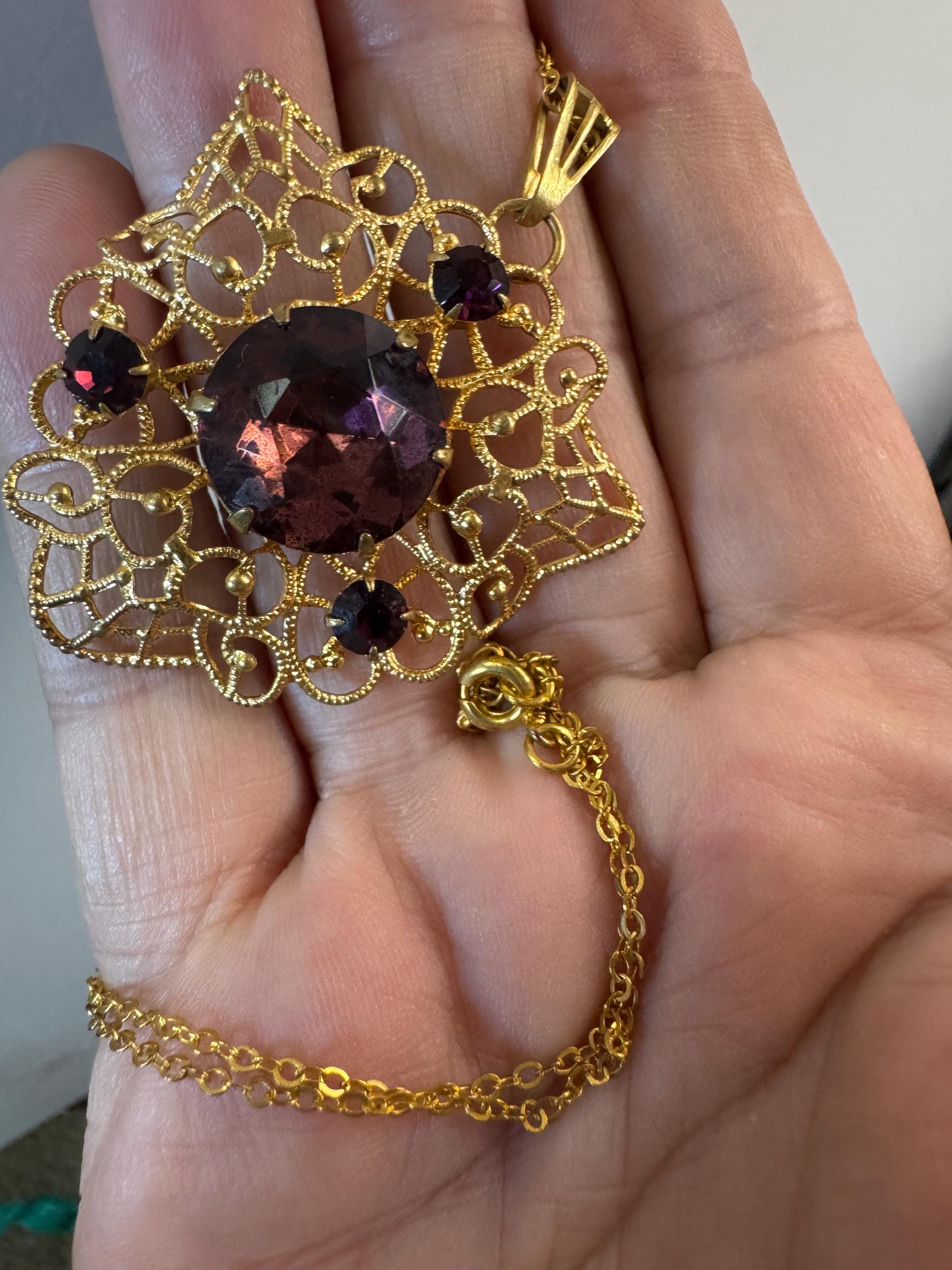 Vintage Purple amethyst Glass gold tone filigree pendant 1970s brutalist modernist