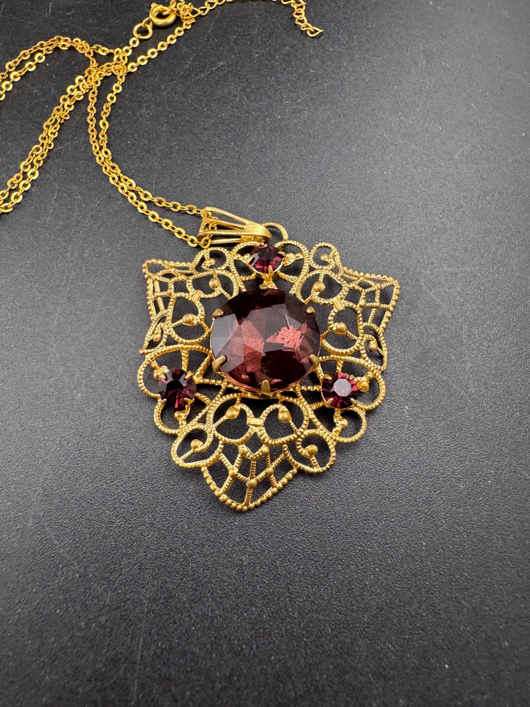Vintage Purple amethyst Glass gold tone filigree pendant 1970s brutalist modernist