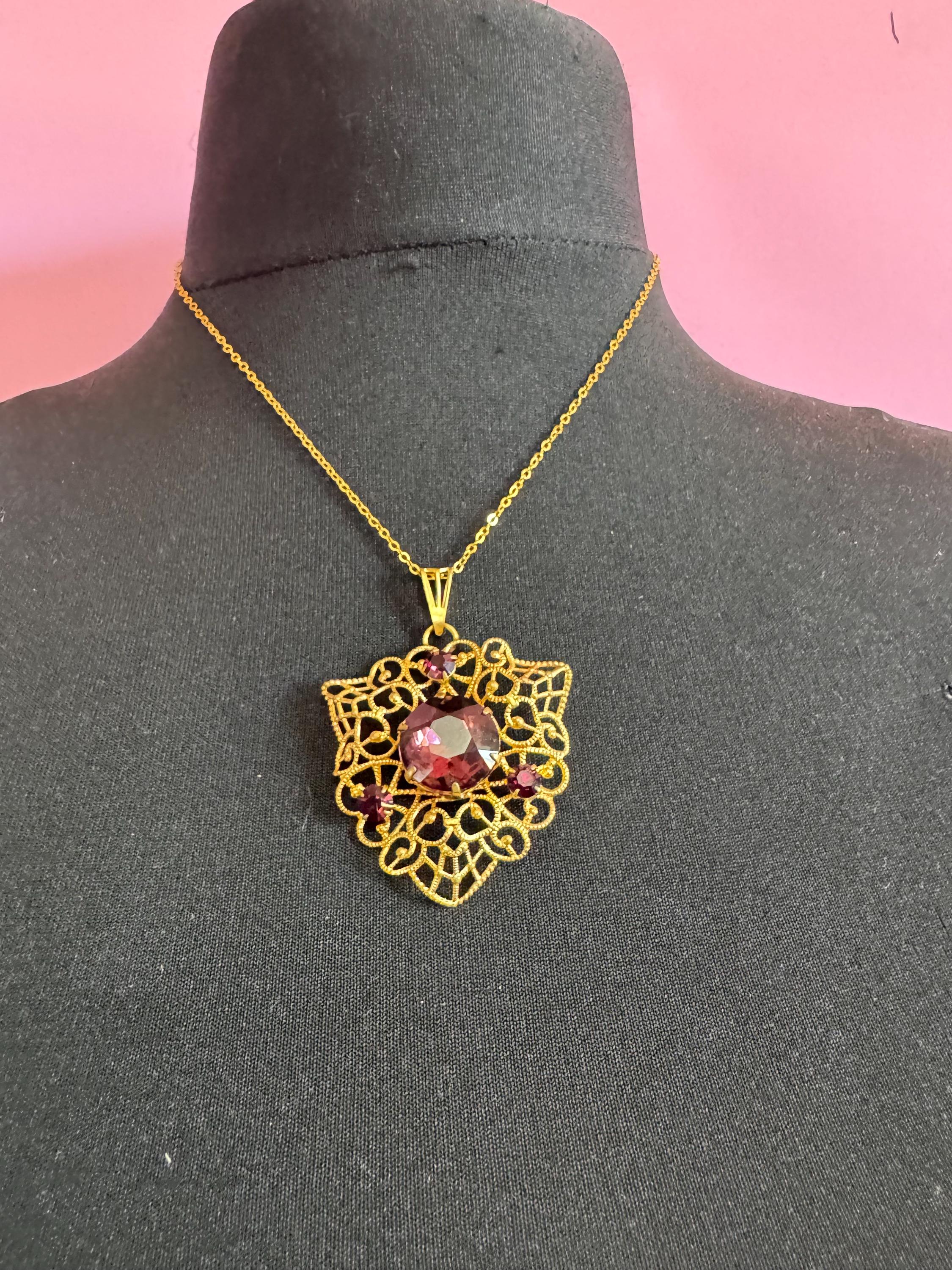 Vintage Purple amethyst Glass gold tone filigree pendant 1970s brutalist modernist