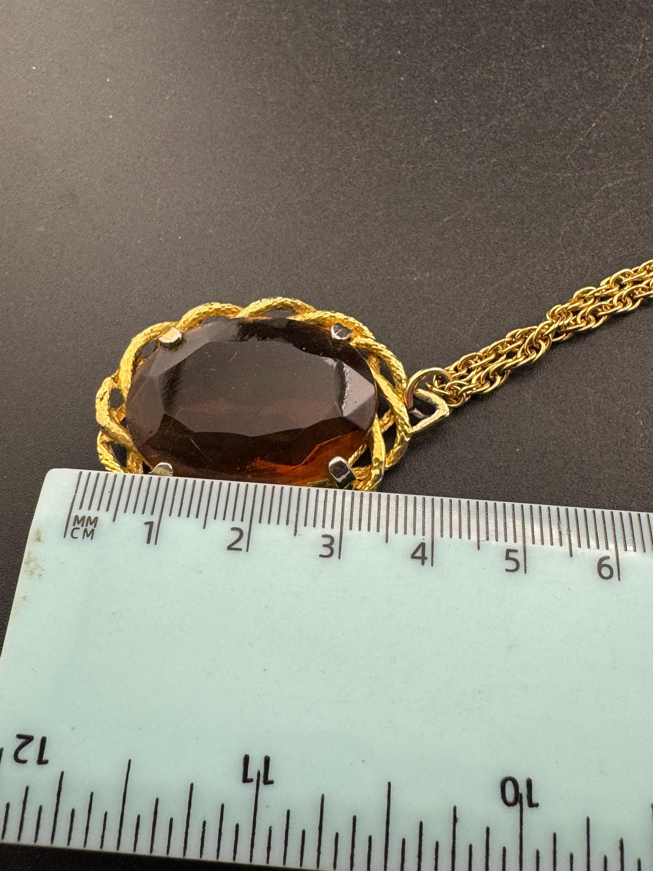 Vintage gold tone brown taupe faceted Glass oval pendant necklace on 48cm chain