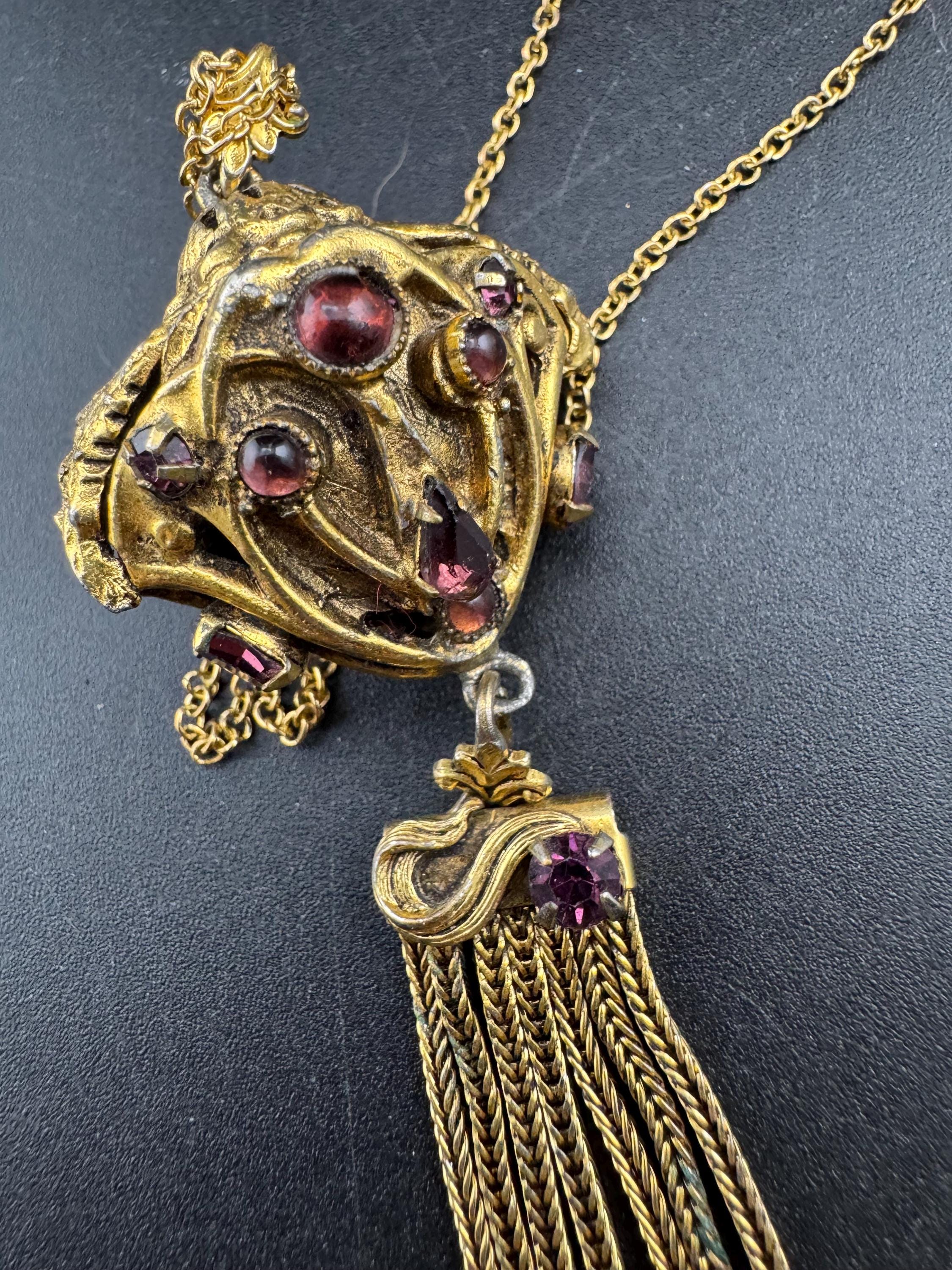 Vintage Gold Tone ornate amethyst tassel Pendant Necklace, Purple rhinestones