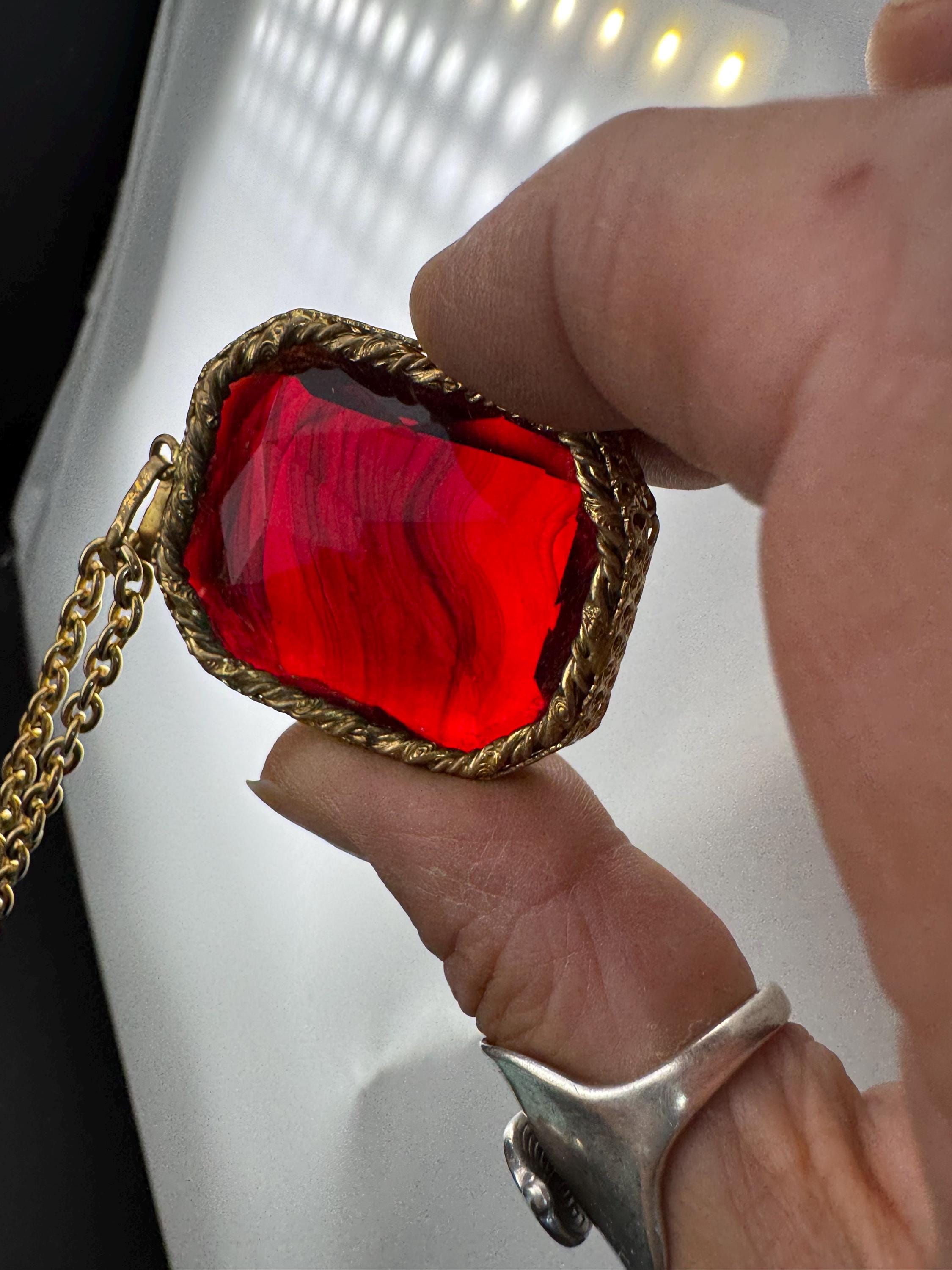Modernist brutalist chunky gold tone ruby red glass pendant necklace on a 82cm chain