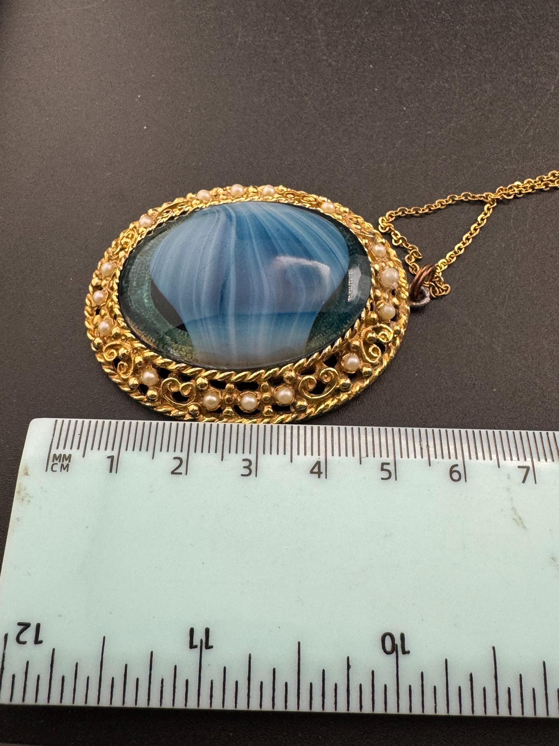 Vintage oversized blue marbled givre glass seed pearl pendant necklace
