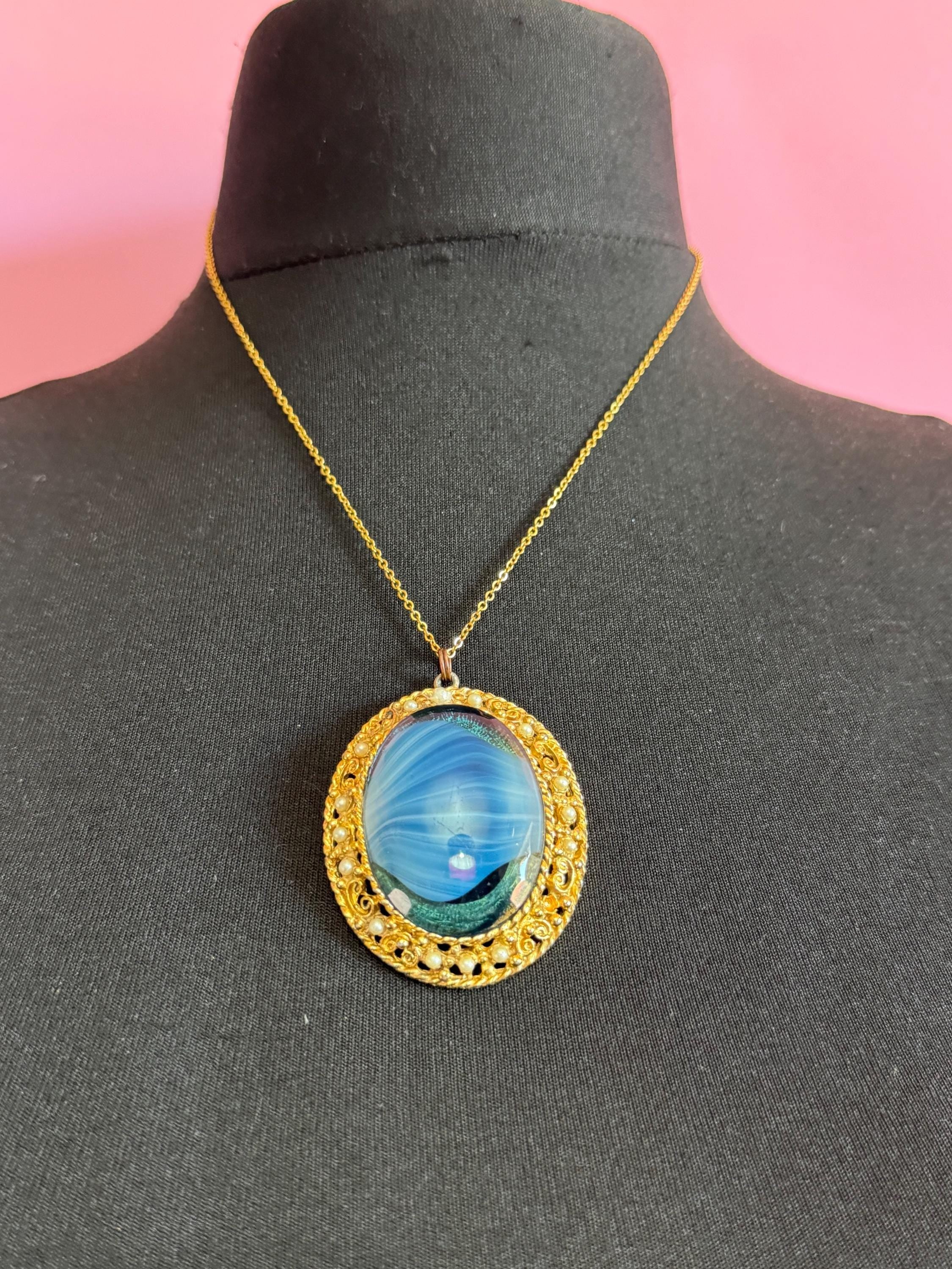 Vintage oversized blue marbled givre glass seed pearl pendant necklace