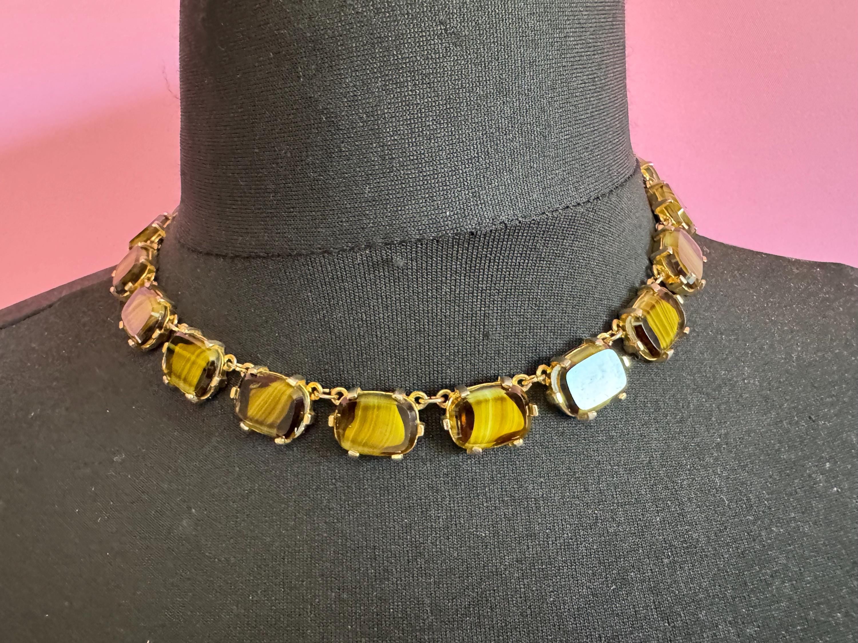 Vintage olive brown marbled glass cabochon panel link necklace mid century