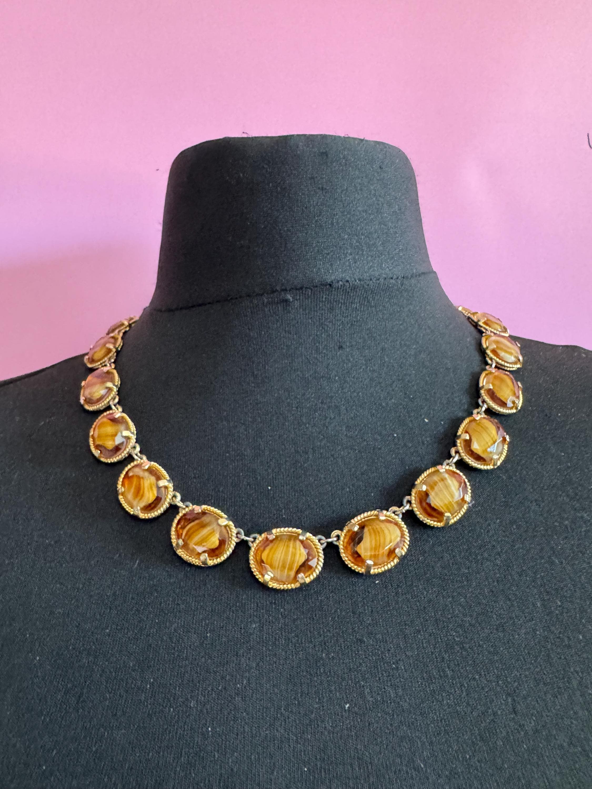 Vintage warm brown marbled givre glass cabochon panel link necklace mid century