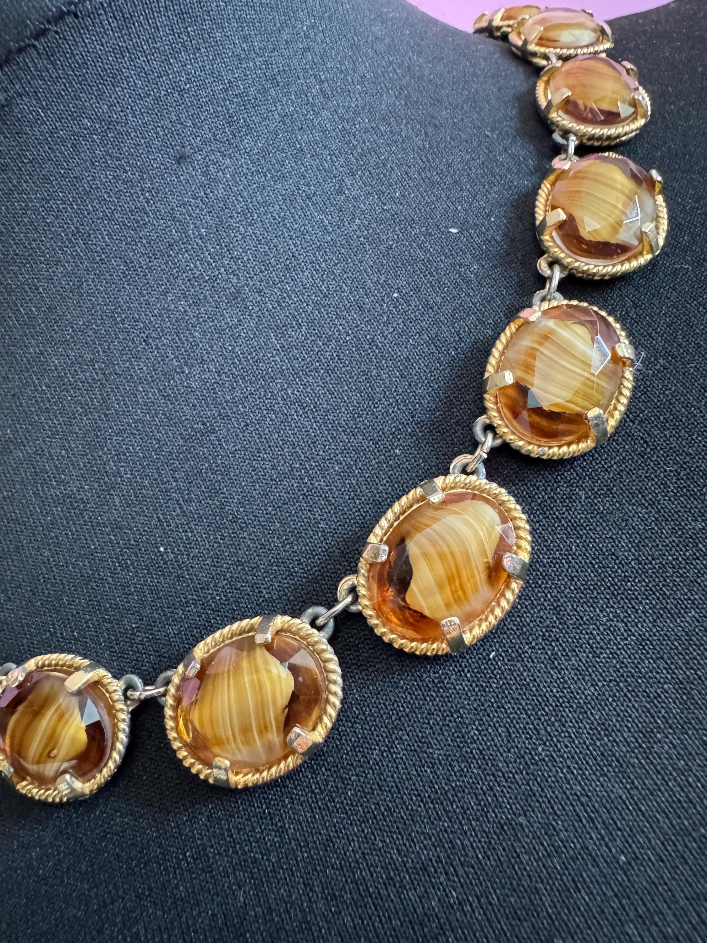 Vintage warm brown marbled givre glass cabochon panel link necklace mid century