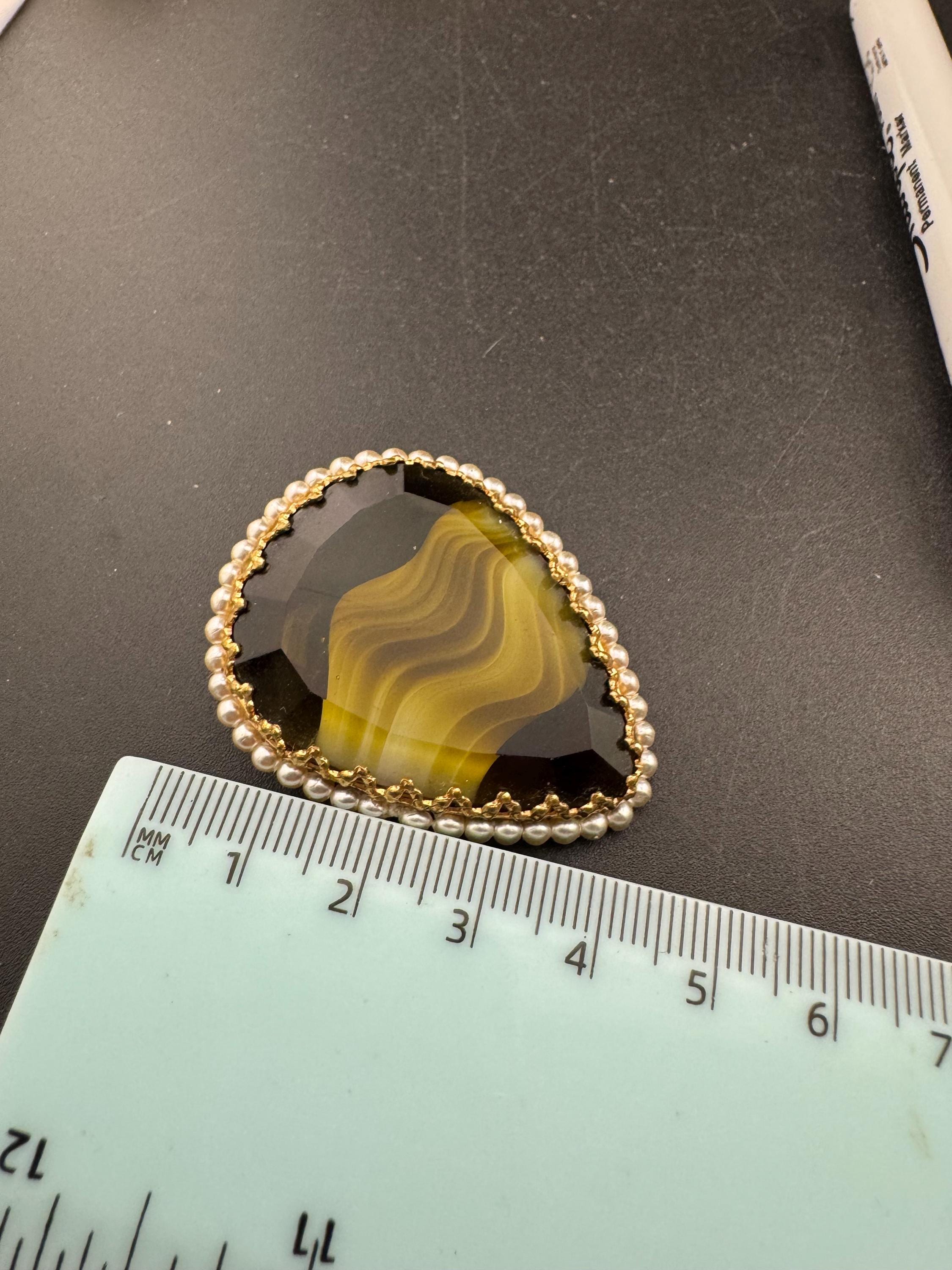 Vintage Oversized khaki green Celtic Brooch: Faux Agate Givre Glass, 1960s